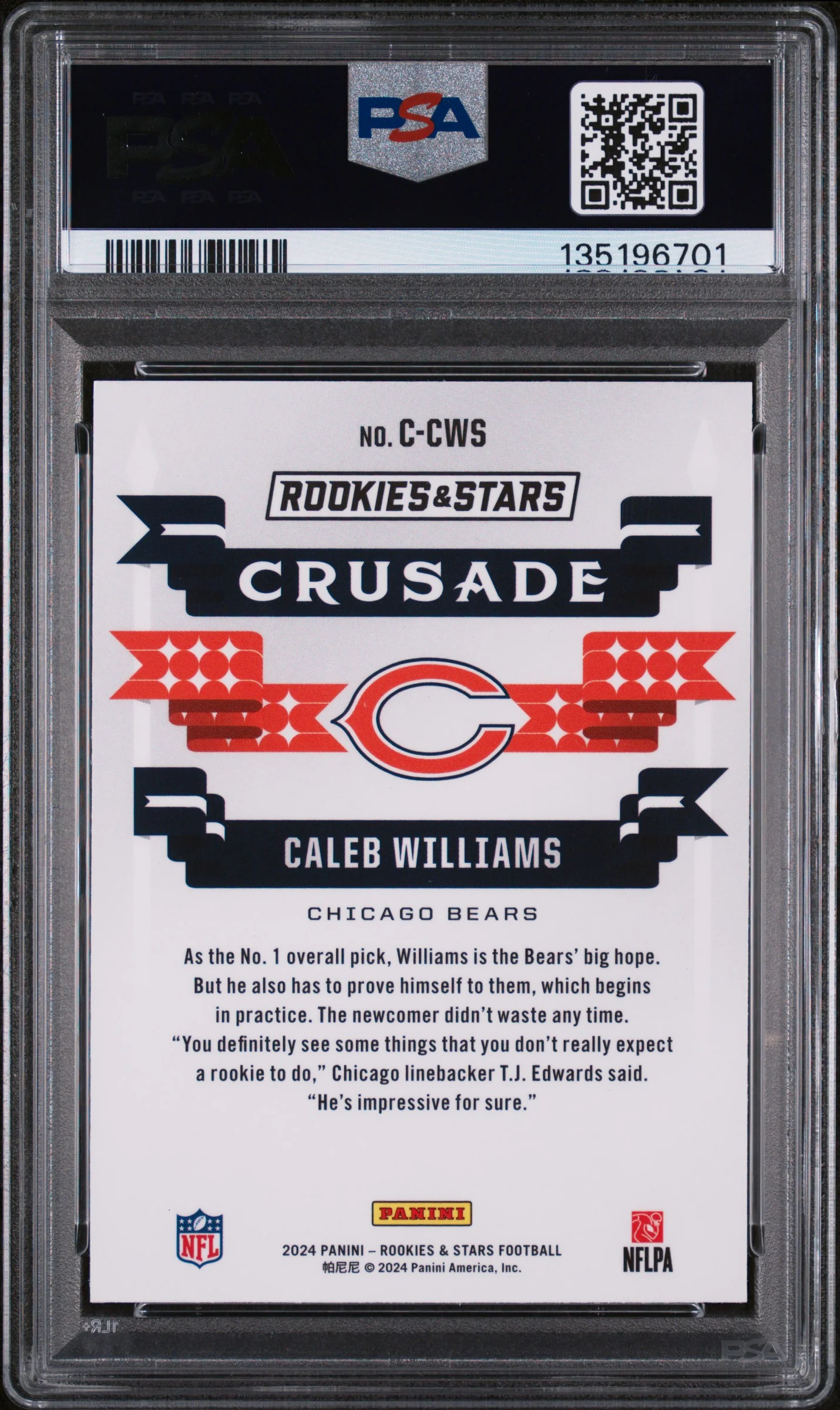 CALEB WILLIAMS | 2024 PANINI ROOKIES & STARS CRUSADE CCWS | CRUSADE-LONGEVITY | PSA GEM MT 10 - Image 2