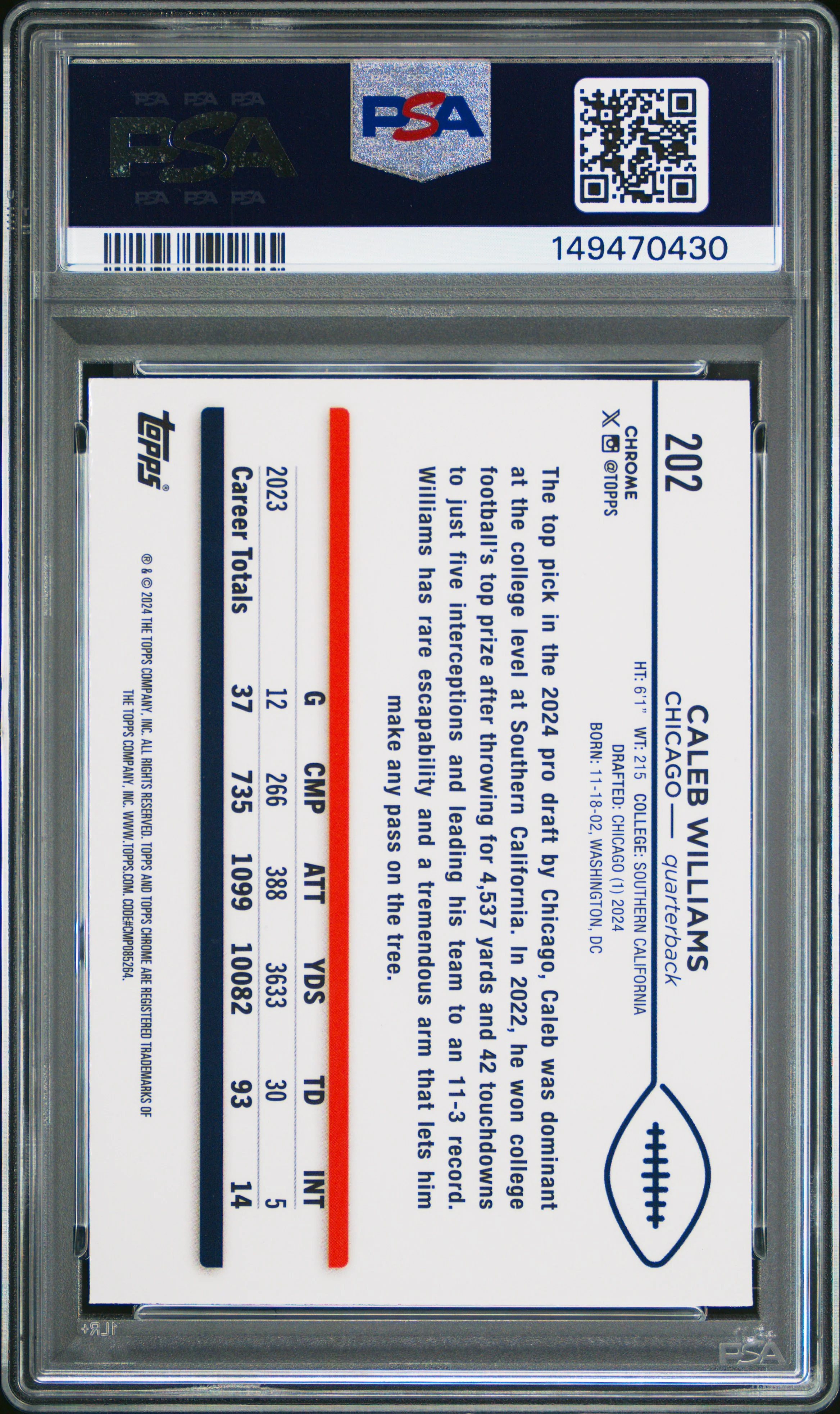 CALEB WILLIAMS | 2024 TOPPS CHROME 202 | X-FRACTOR | PSA GEM MT 10 - Image 2