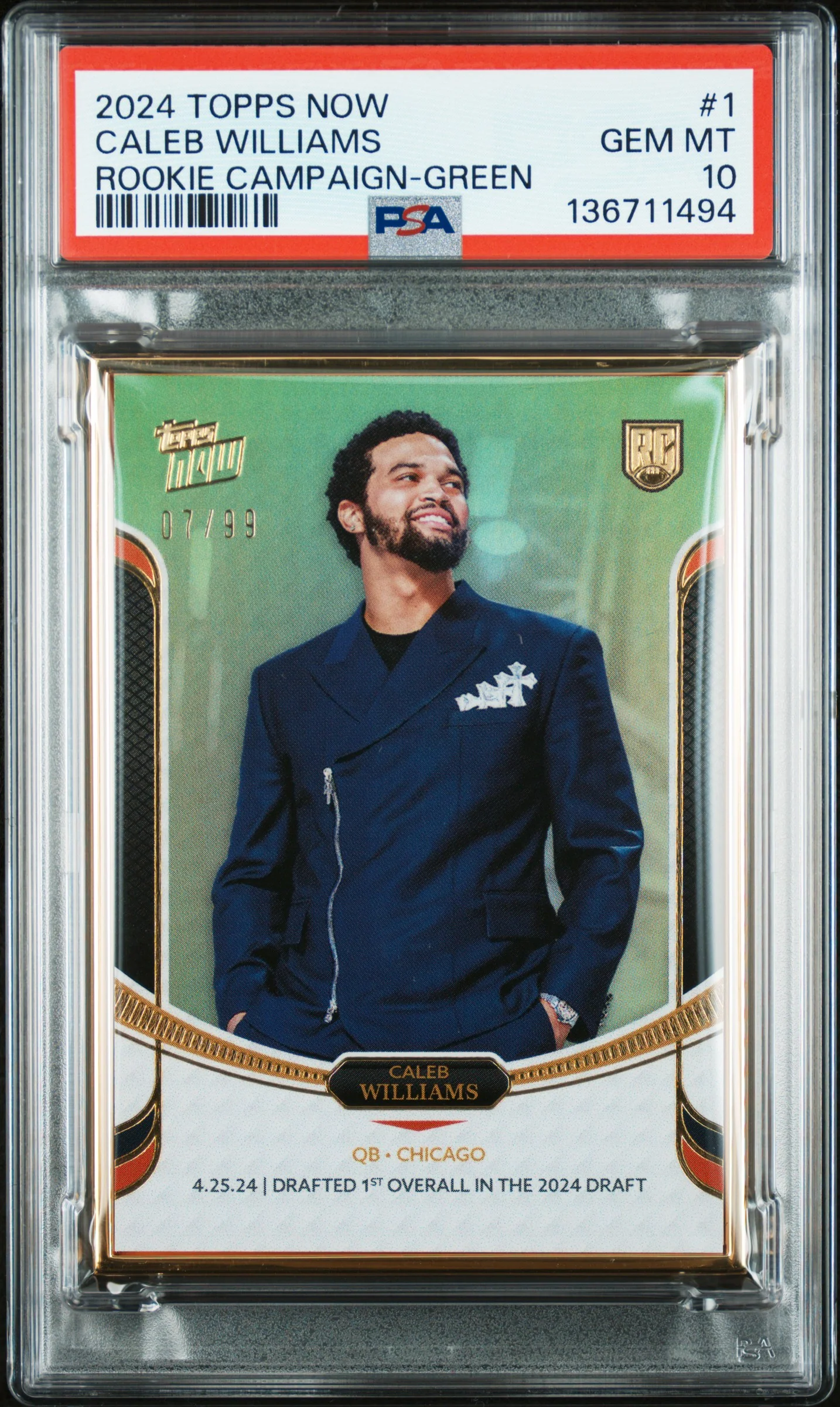 CALEB WILLIAMS | 2024 TOPPS NOW ROOKIE CAMPAIGN 1 | ROOKIE CAMPAIGN-GREEN | PSA GEM MT 10