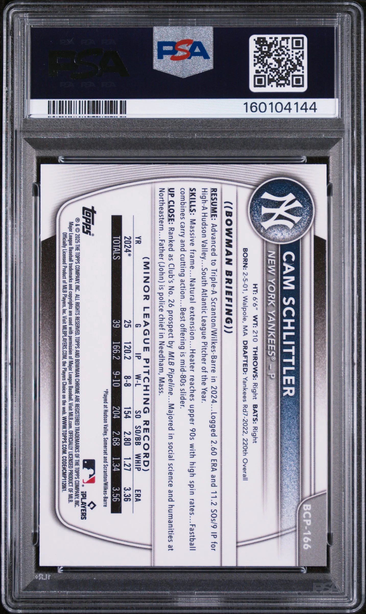 CAM SCHLITTLER | 2025 BOWMAN CHROME PROSPECTS BCP166 | PROSPECTS | PSA GEM MT 10 - Image 2