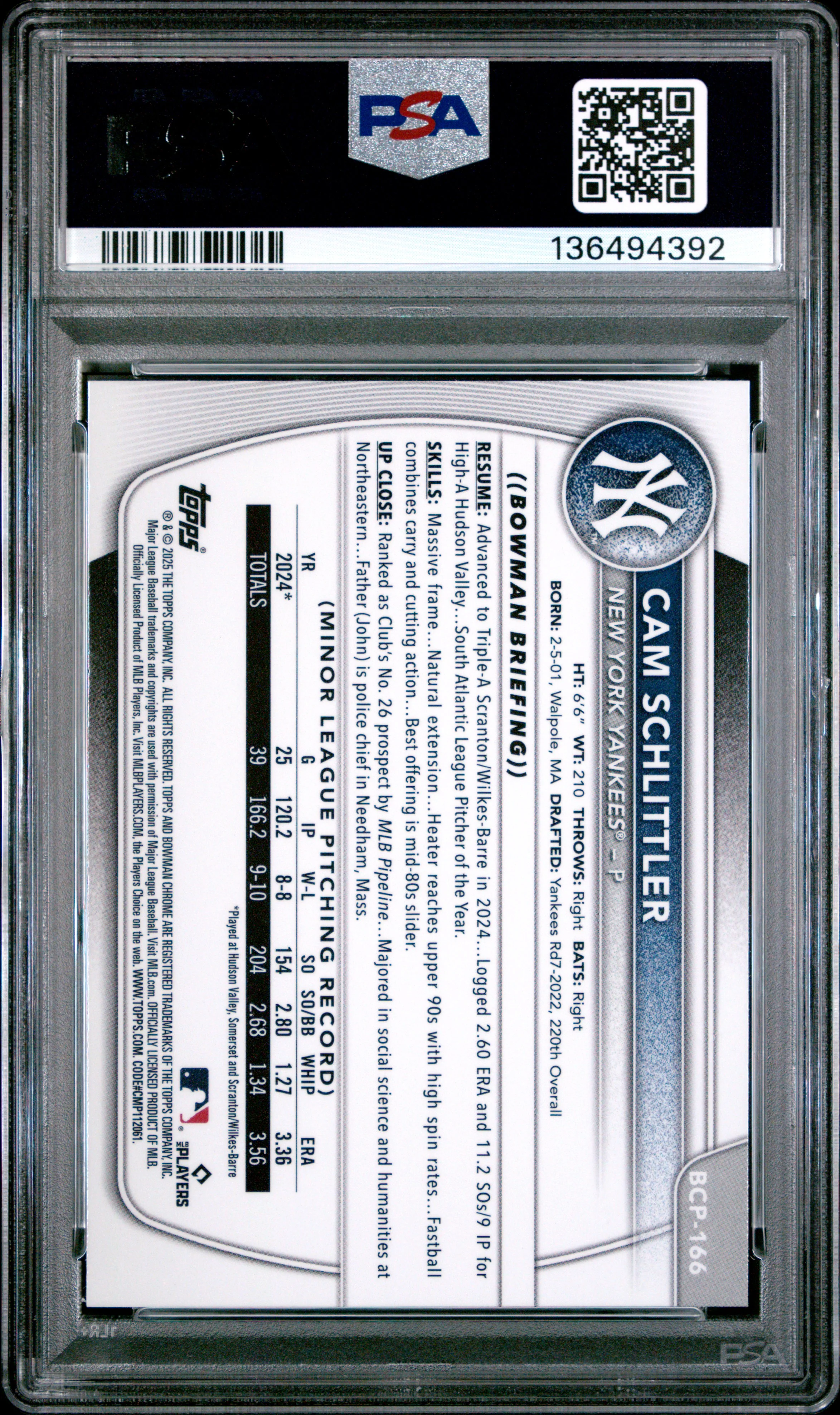 CAM SCHLITTLER | 2025 BOWMAN CHROME PROSPECTS BCP166 | PROSPECTS-MINI DIAMOND | PSA MINT 9 - Image 2