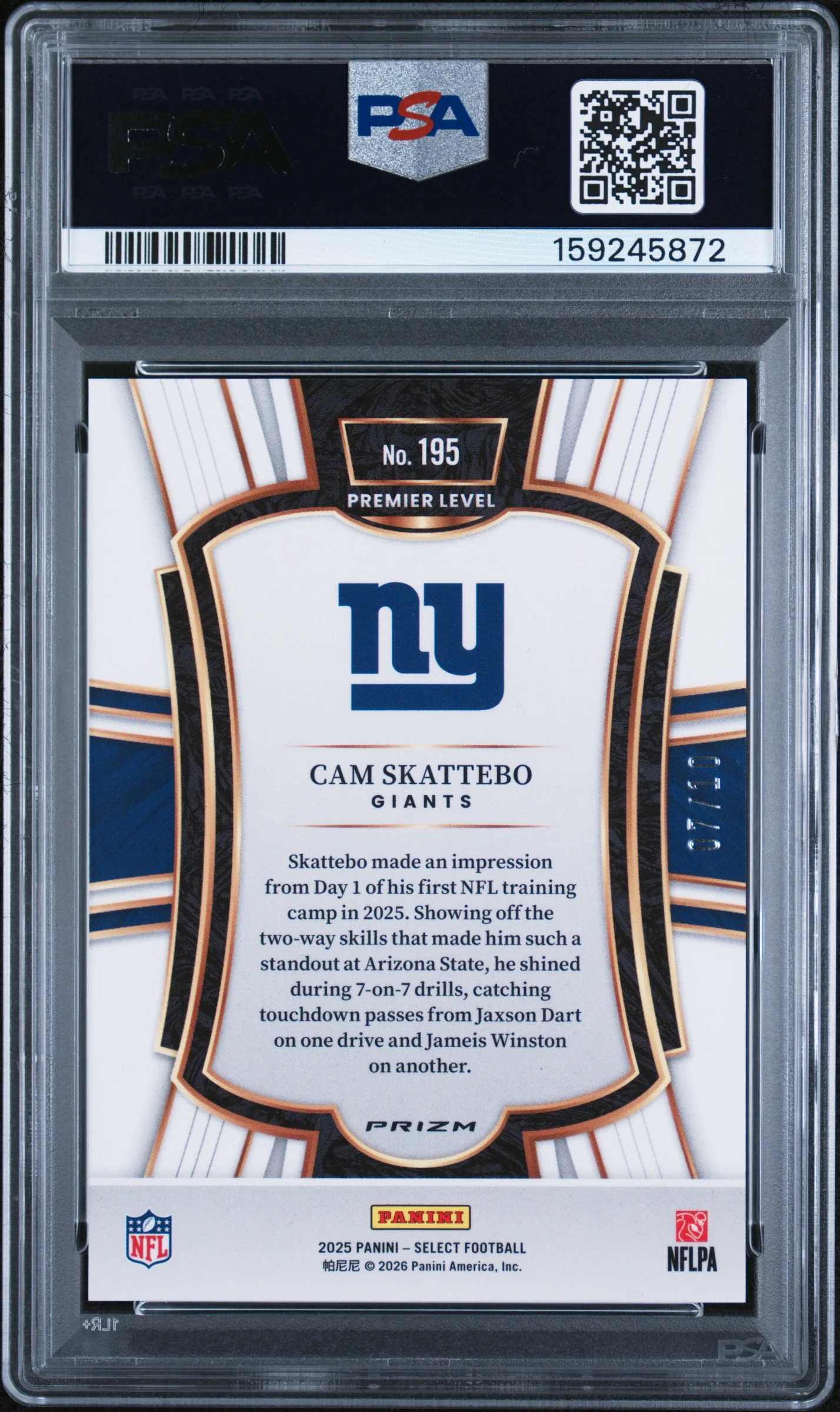 CAM SKATTEBO | 2025 PANINI SELECT 195 | GOLD DISCO | PSA GEM MT 10 - Image 2