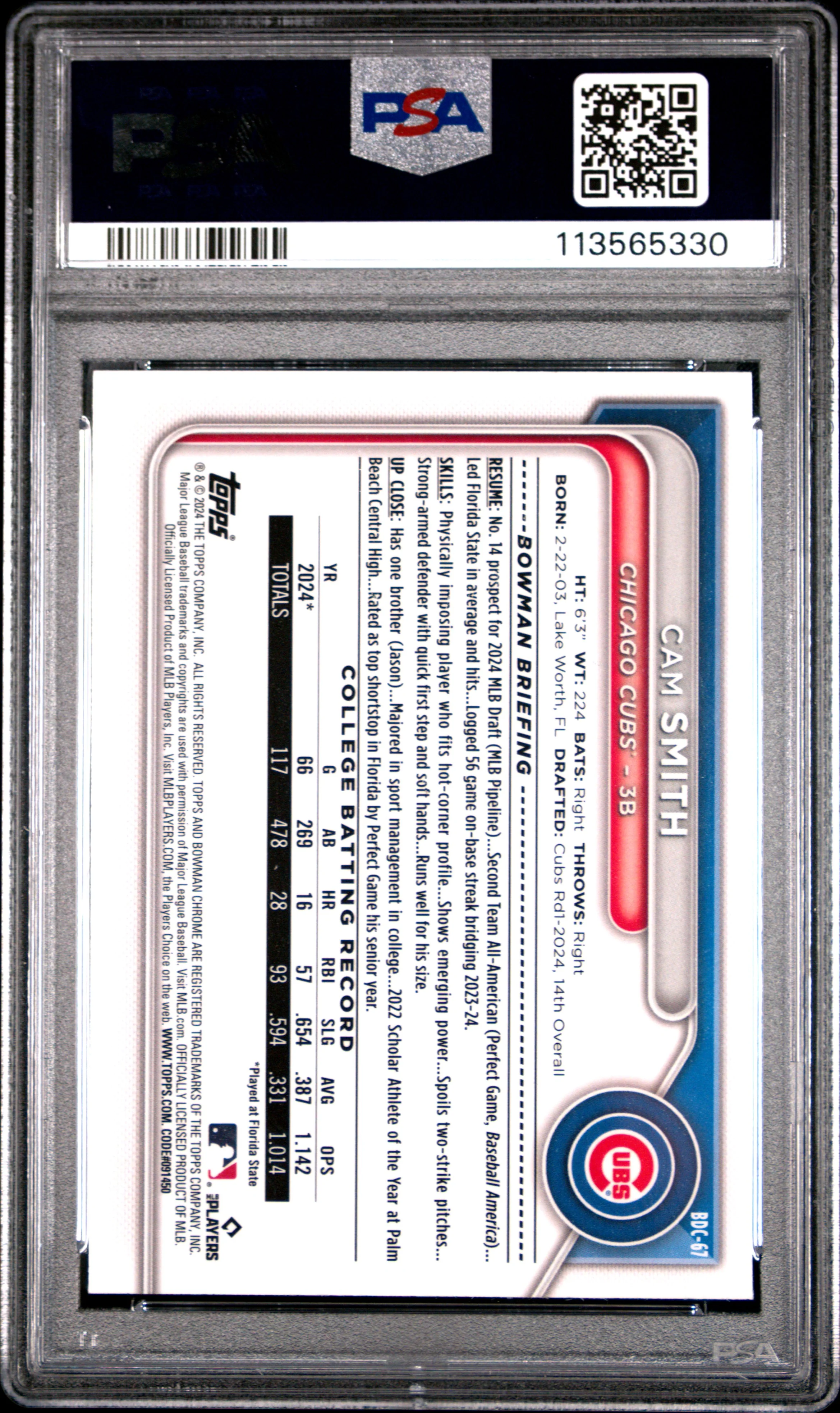 CAM SMITH | 2024 BOWMAN DRAFT BDC67 | CHR-AQUA LUNAR CRATER REF | PSA GEM MT 10 - Image 2