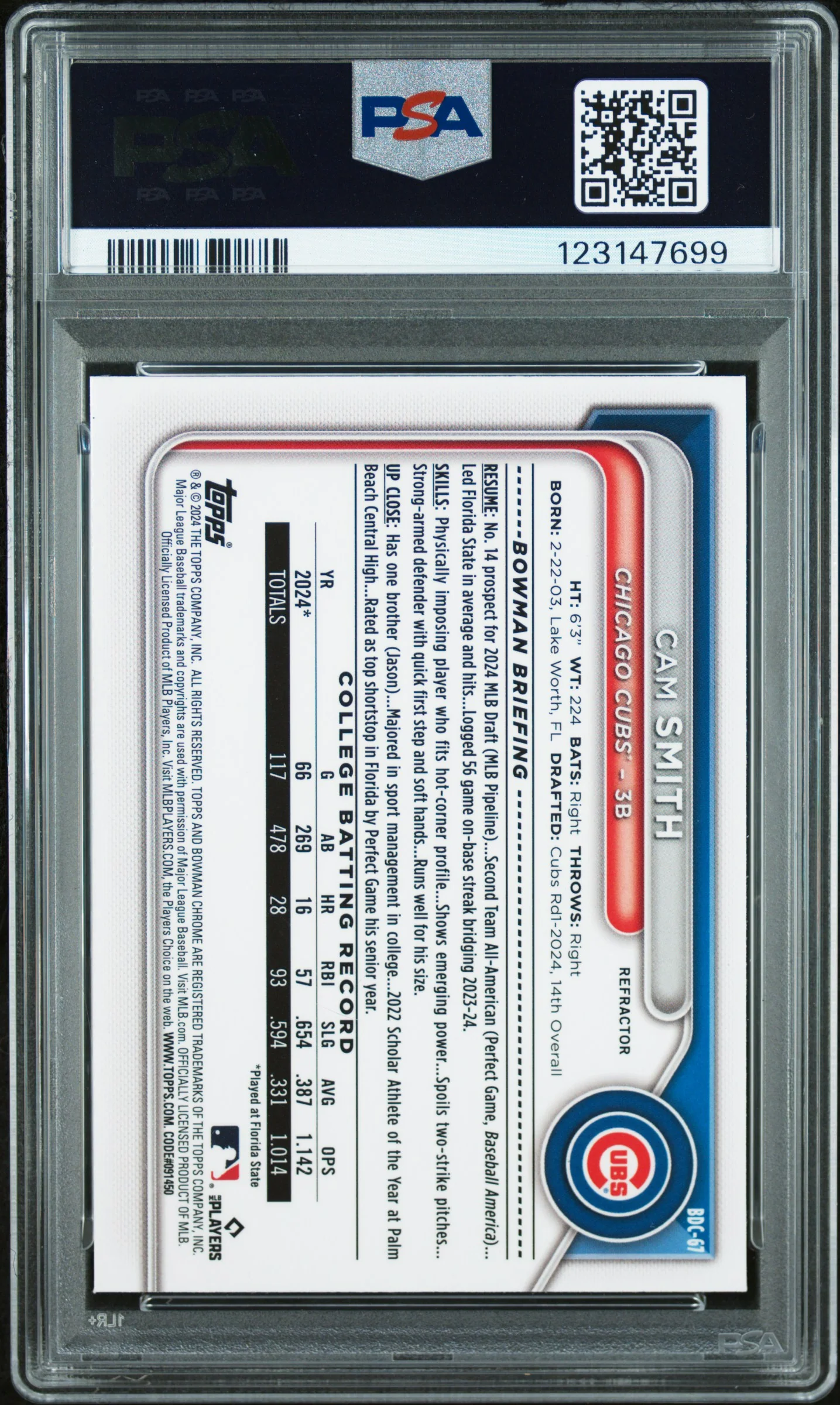 CAM SMITH | 2024 BOWMAN DRAFT BDC67 | CHROME-REFRACTOR | PSA GEM MT 10 - Image 2