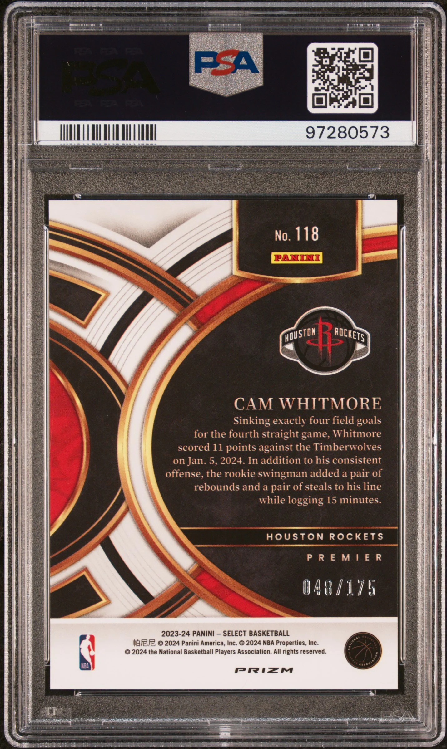 CAM WHITMORE | 2023 PANINI SELECT 118 | PURPLE FLASH | PSA GEM MT 10 - Image 2