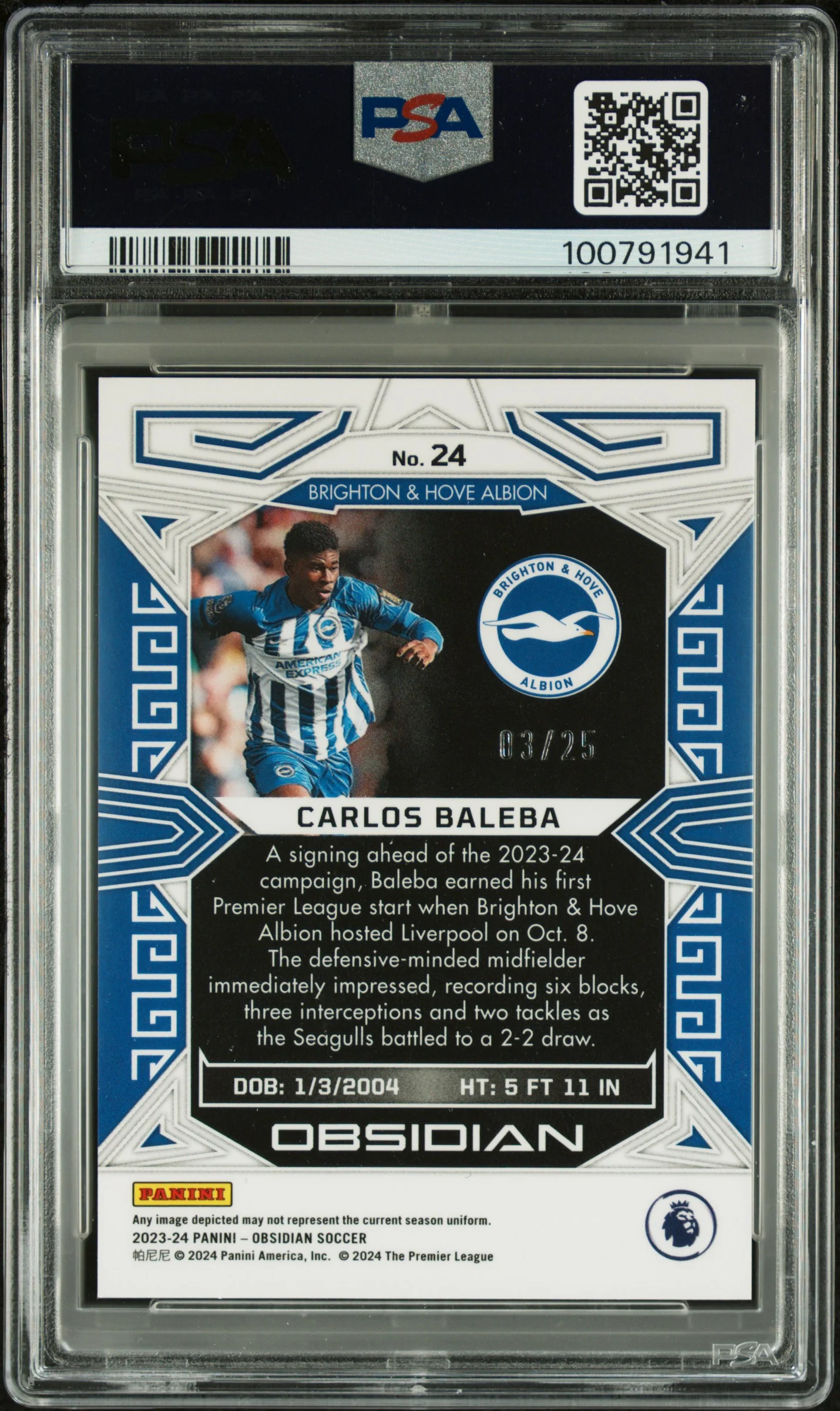 CARLOS BALEBA | 2023 PANINI OBSIDIAN 24 | ELECTRIC ETCH PURPLE FLOOD | PSA GEM MT 10 - Image 2