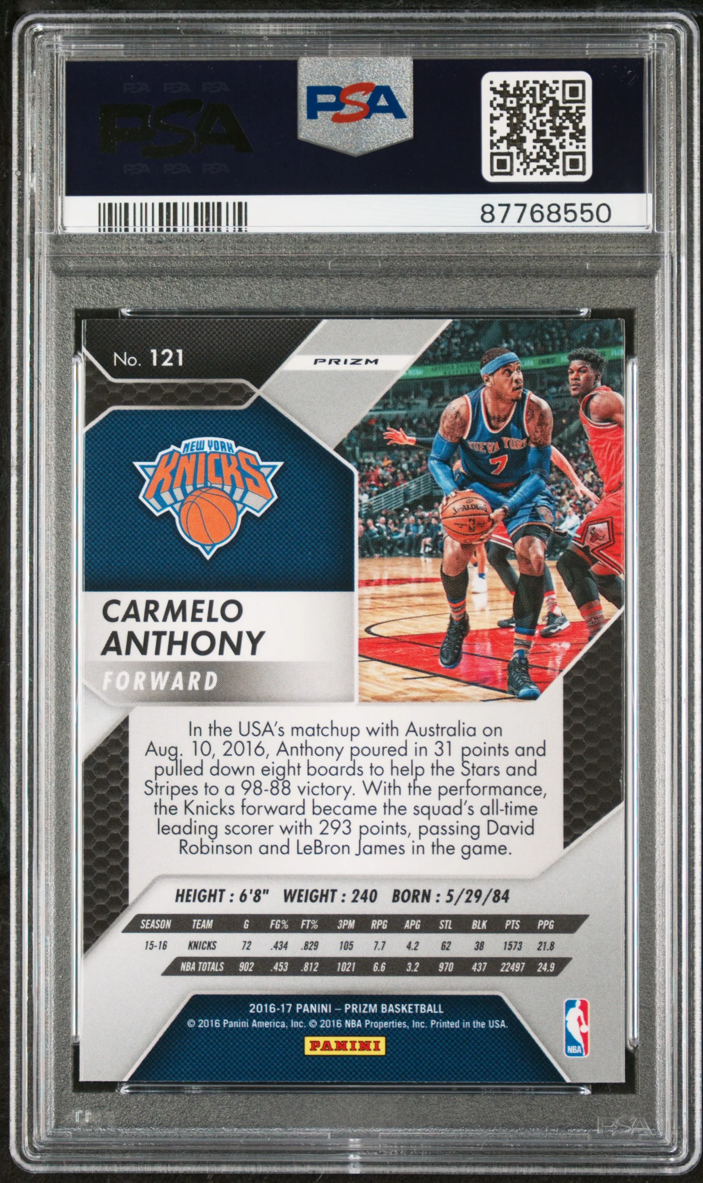CARMELO ANTHONY | 2016 PANINI PRIZM 121 | STARBURST PRIZM | PSA GEM MT 10 - Image 2
