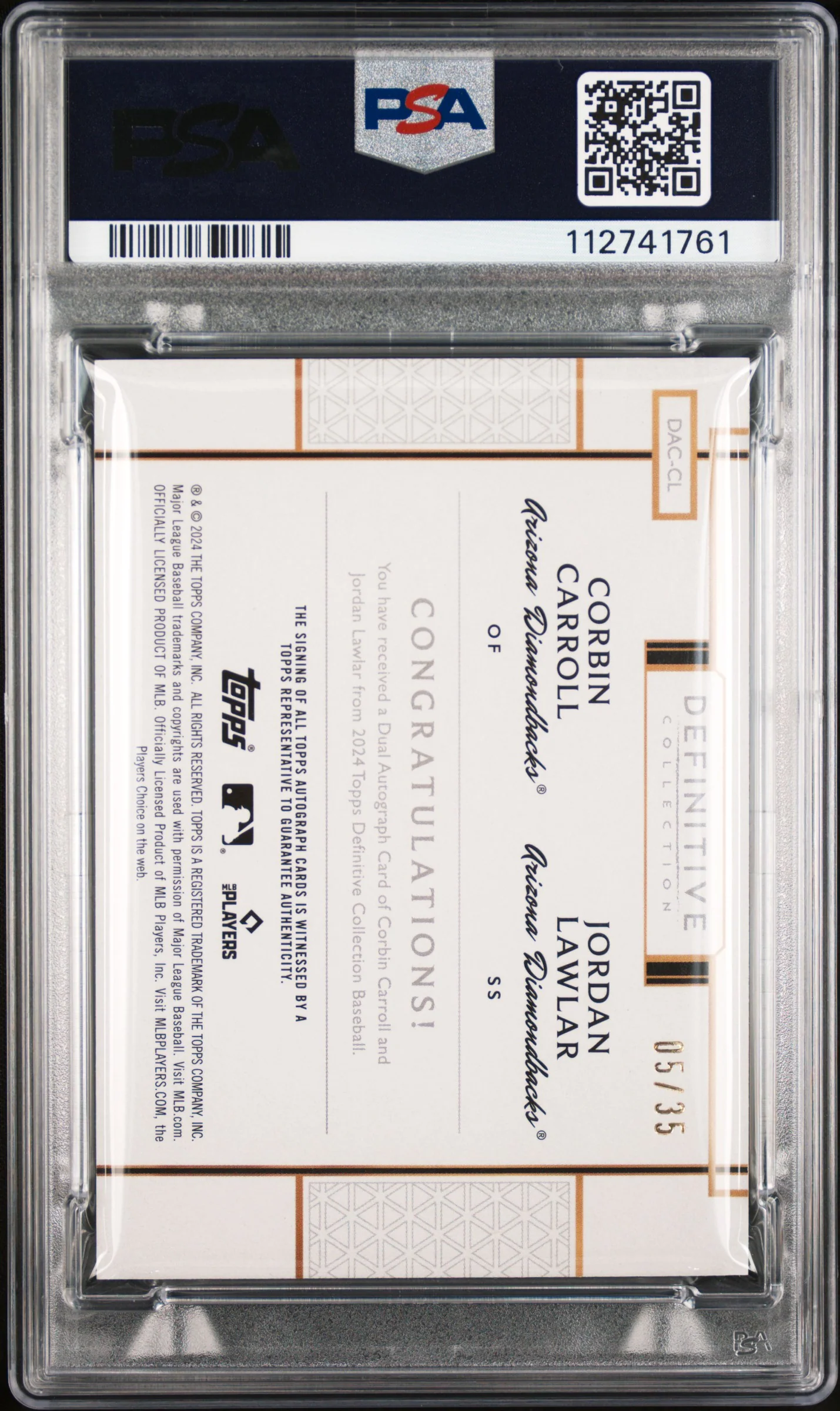 CARROLL/LAWLAR | 2024 TOPPS DEFINITIVE COLLECTION DUAL AUTOGRAPH COLLECTION DACCL | MLB PLAYERS COLLECTION (PULLED BY BROCK WILKEN) | PSA GEM MT 10 - Image 2