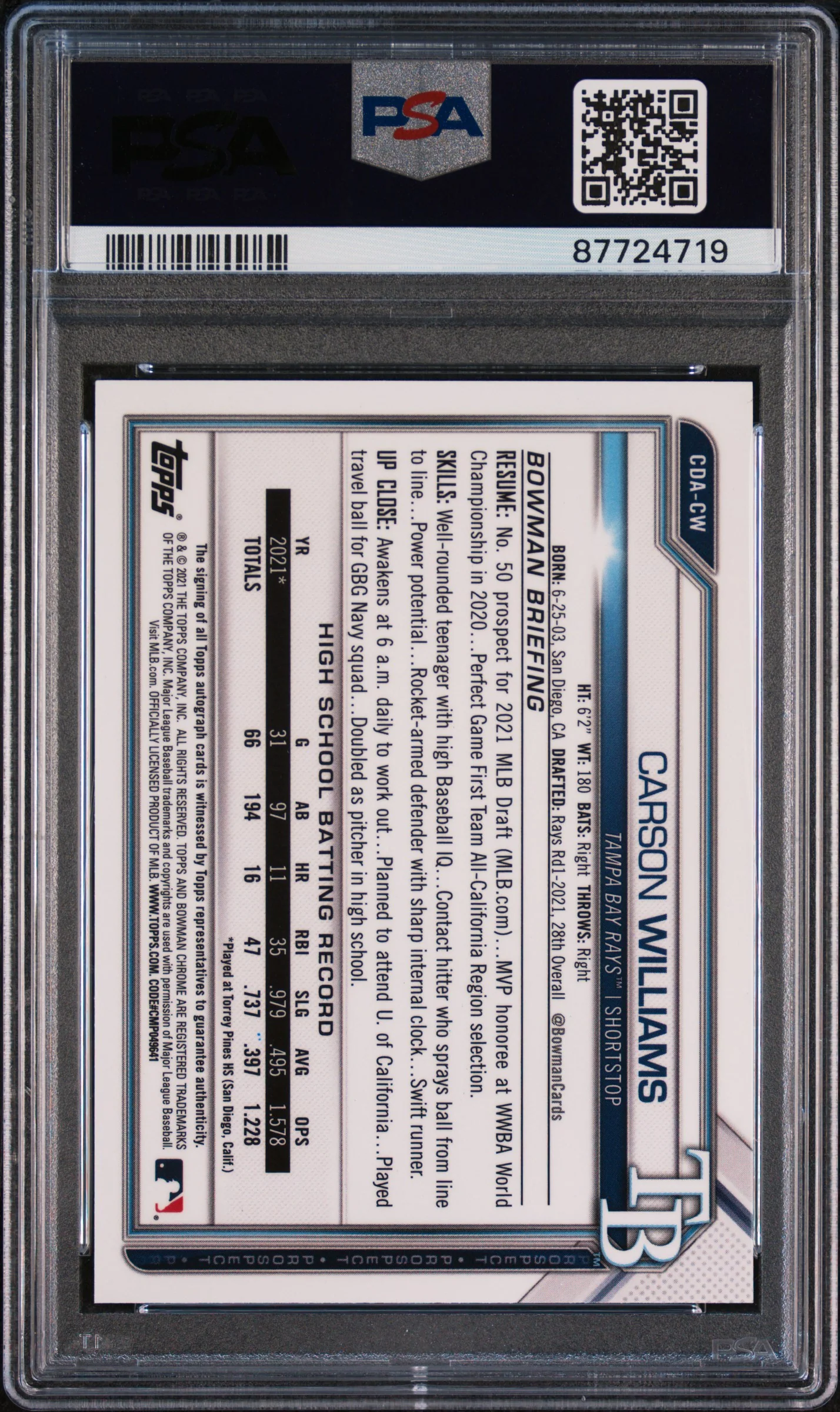 CARSON WILLIAMS | 2021 BOWMAN DRAFT CHROME DRAFT PICK AUTOGRAPHS CDACW | CHROME DRAFT PICK AUTO. | PSA GEM MT 10 - Image 2