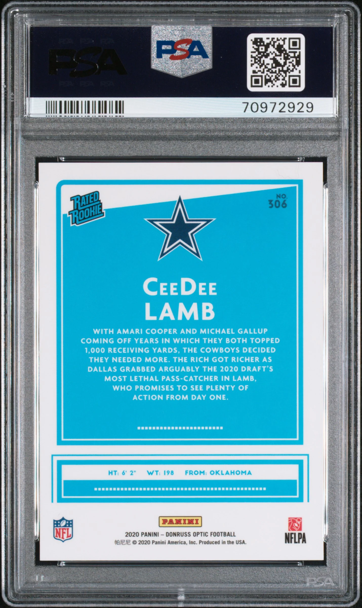 CEEDEE LAMB | 2020 PANINI DONRUSS OPTIC 306 | VARIATION | PSA MINT 9 - Image 2