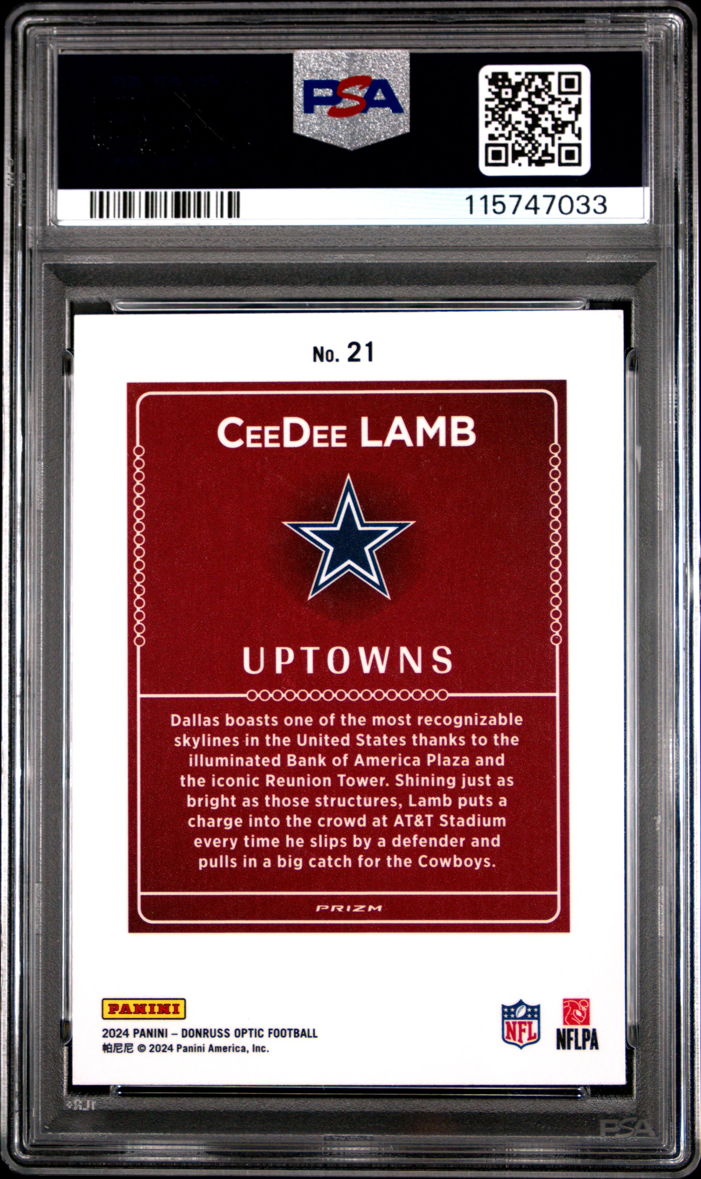 CEEDEE LAMB | 2024 PANINI DONRUSS OPTIC UPTOWNS 21 | PSA GEM MT 10 - Image 2