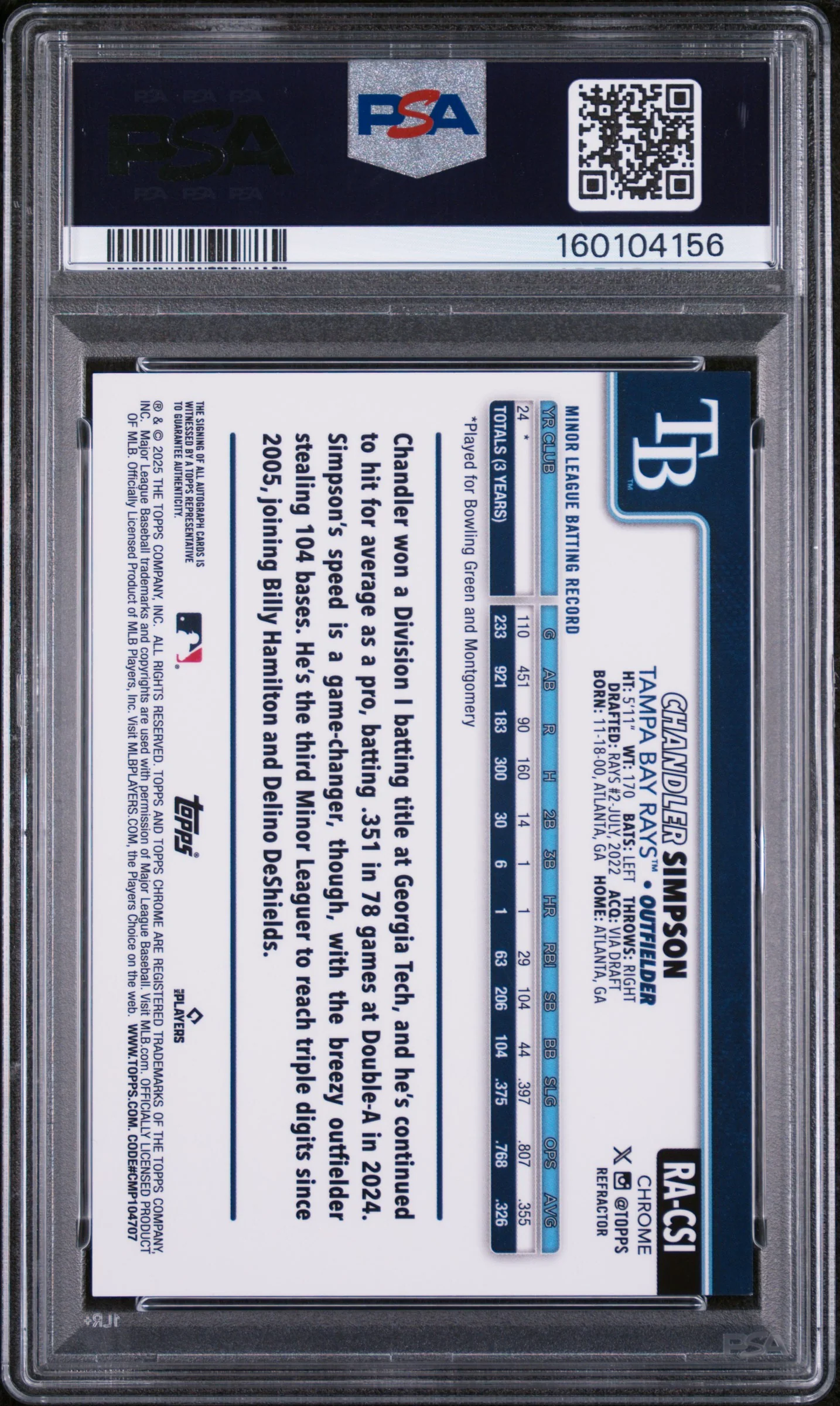 CHANDLER SIMPSON | 2025 TOPPS CHROME ROOKIE AUTOGRAPHS RACSI | ROOKIE AUTO-REFRACTOR | PSA MINT 9 - Image 2