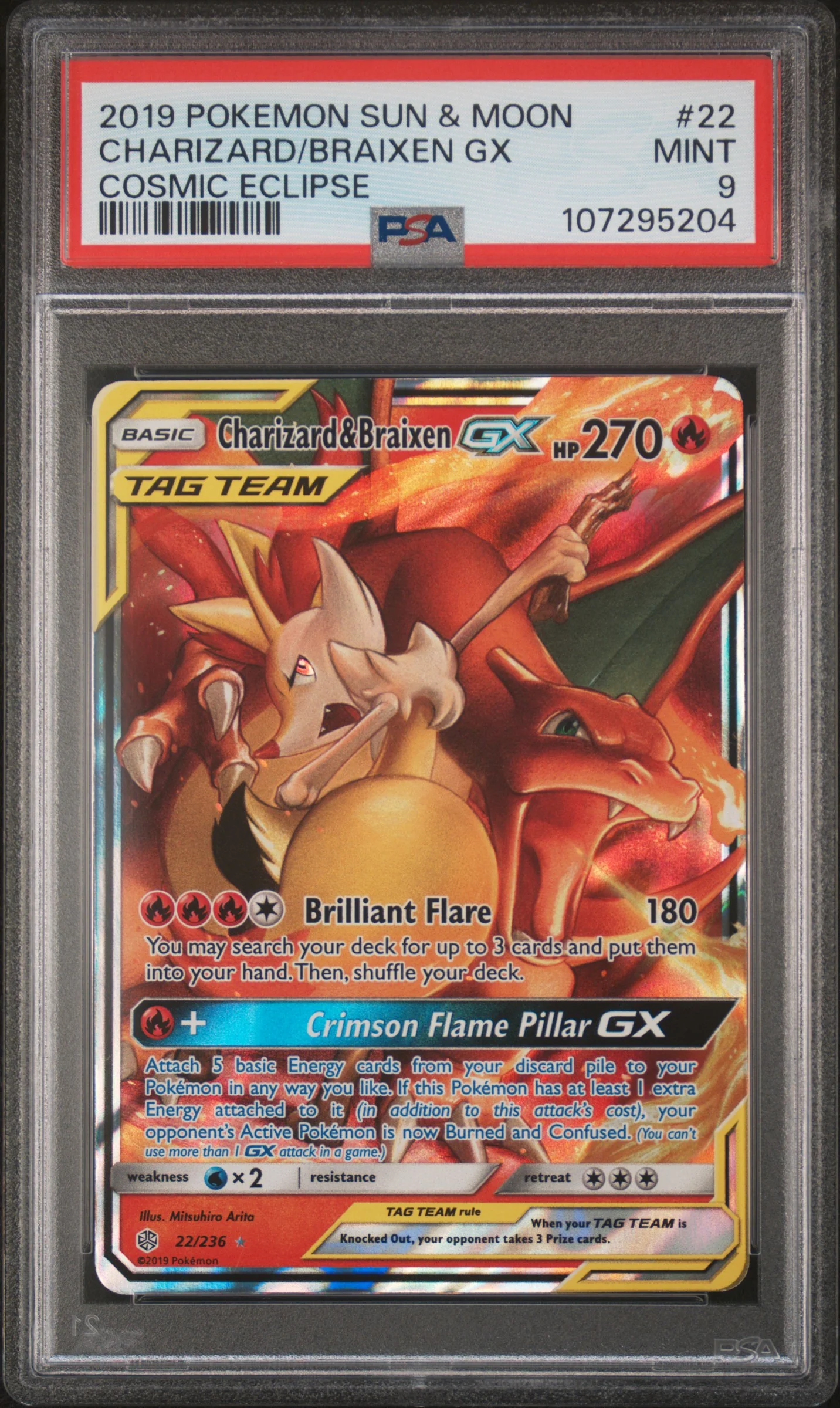 CHARIZARD/BRAIXEN GX | 2019 POKEMON SUN & MOON COSMIC ECLIPSE 22 | COSMIC ECLIPSE | PSA MINT 9
