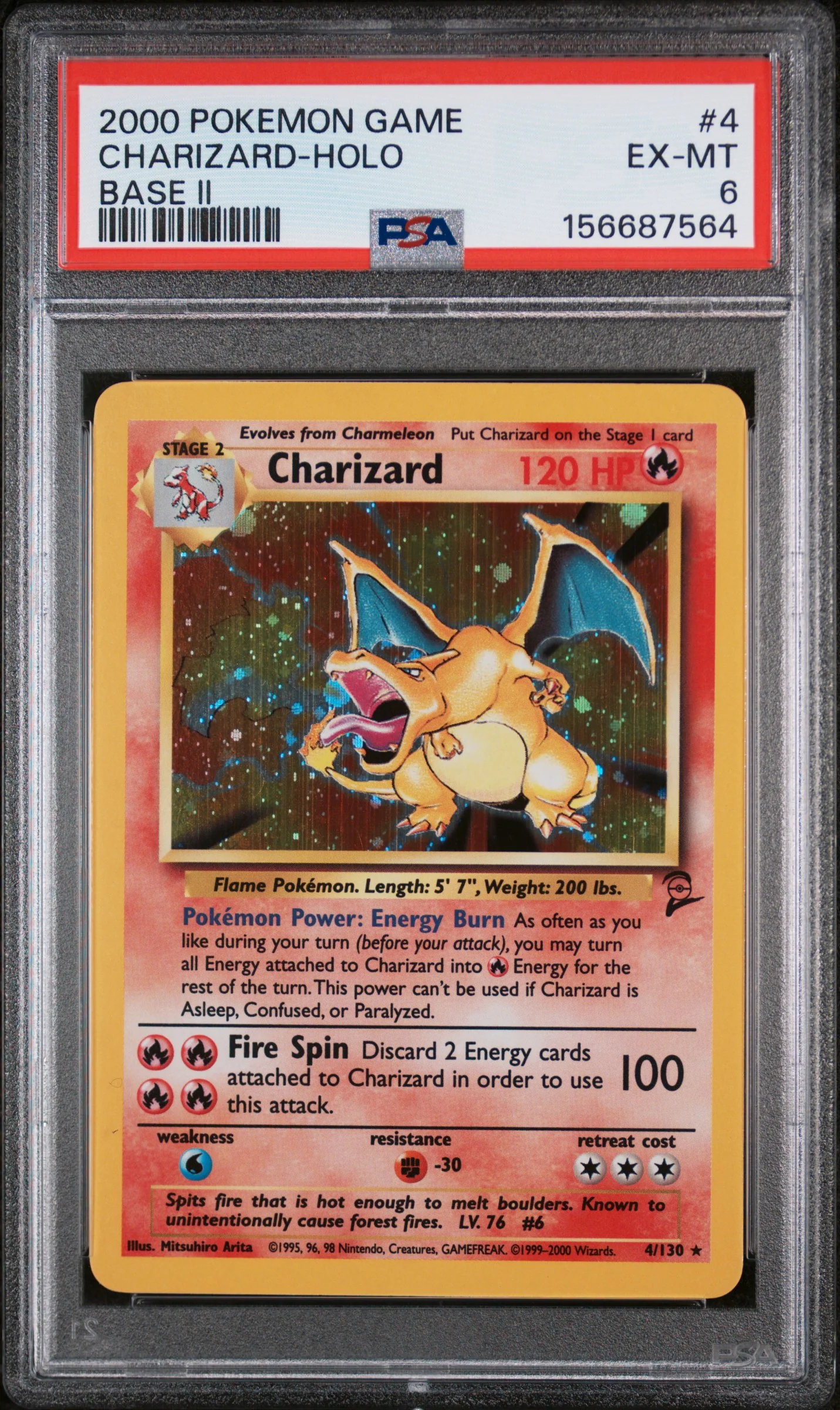 CHARIZARD-HOLO | 2000 POKEMON GAME BASE II 4 | BASE II | PSA EX-MT 6