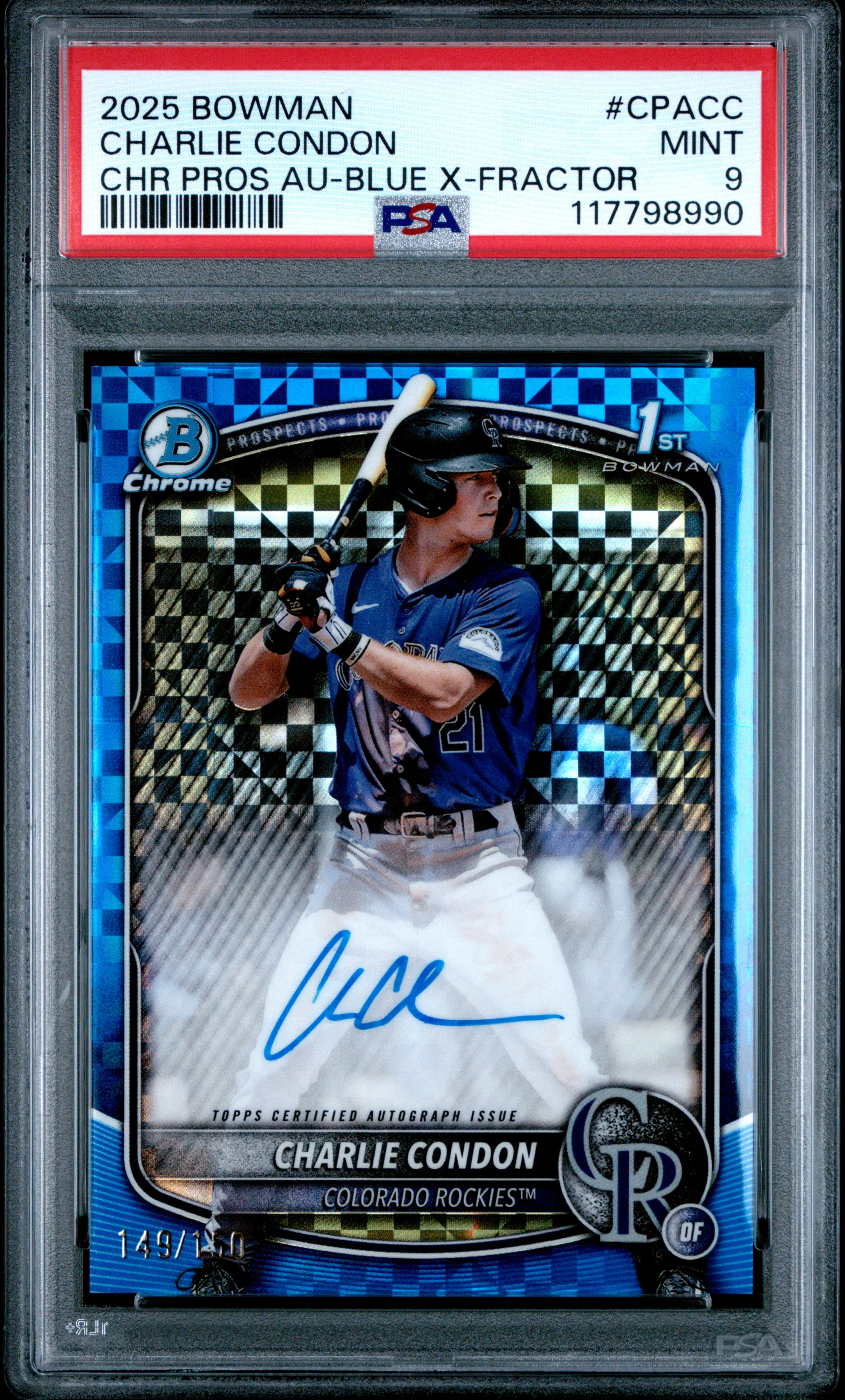 CHARLIE CONDON | 2025 BOWMAN CHROME PROSPECT AUTOGRAPHS CPACC | CHR PROS AU-BLUE X-FRACTOR | PSA MINT 9