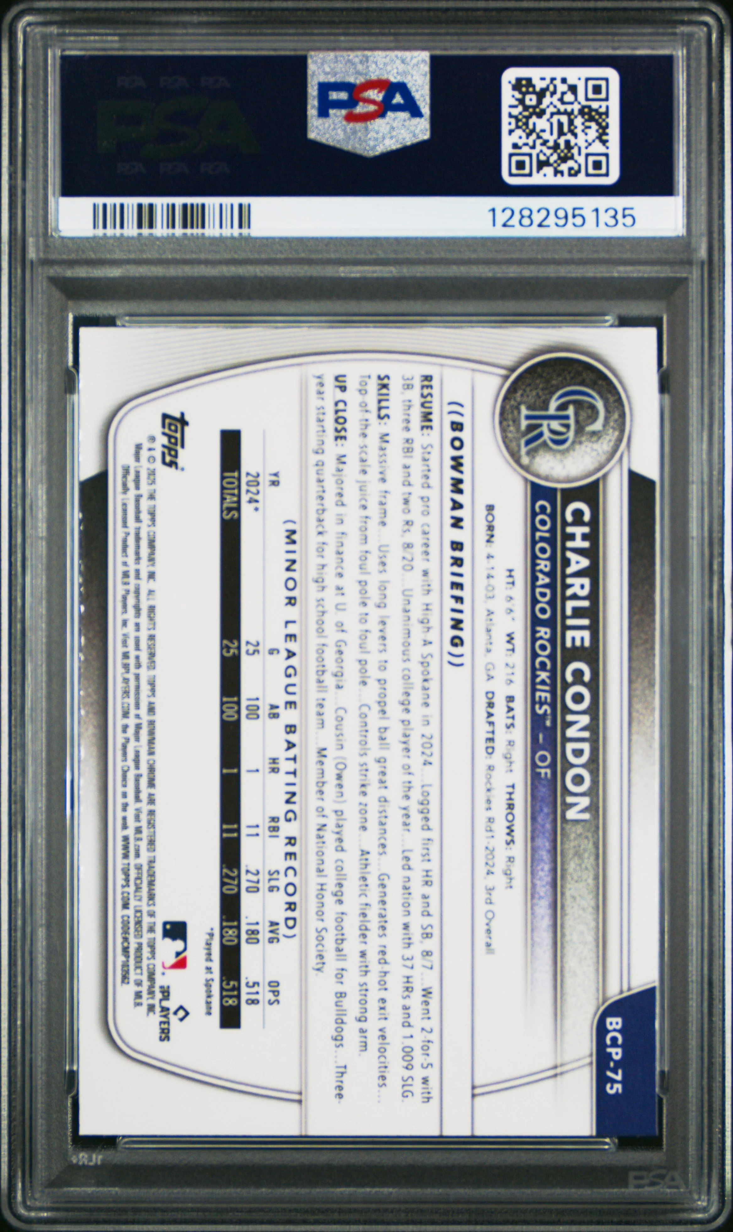 CHARLIE CONDON | 2025 BOWMAN MEGA BOX CHROME PROSPECTS 75 | PROSPECTS-BLUE REFRACTOR | PSA GEM MT 10 - Image 2