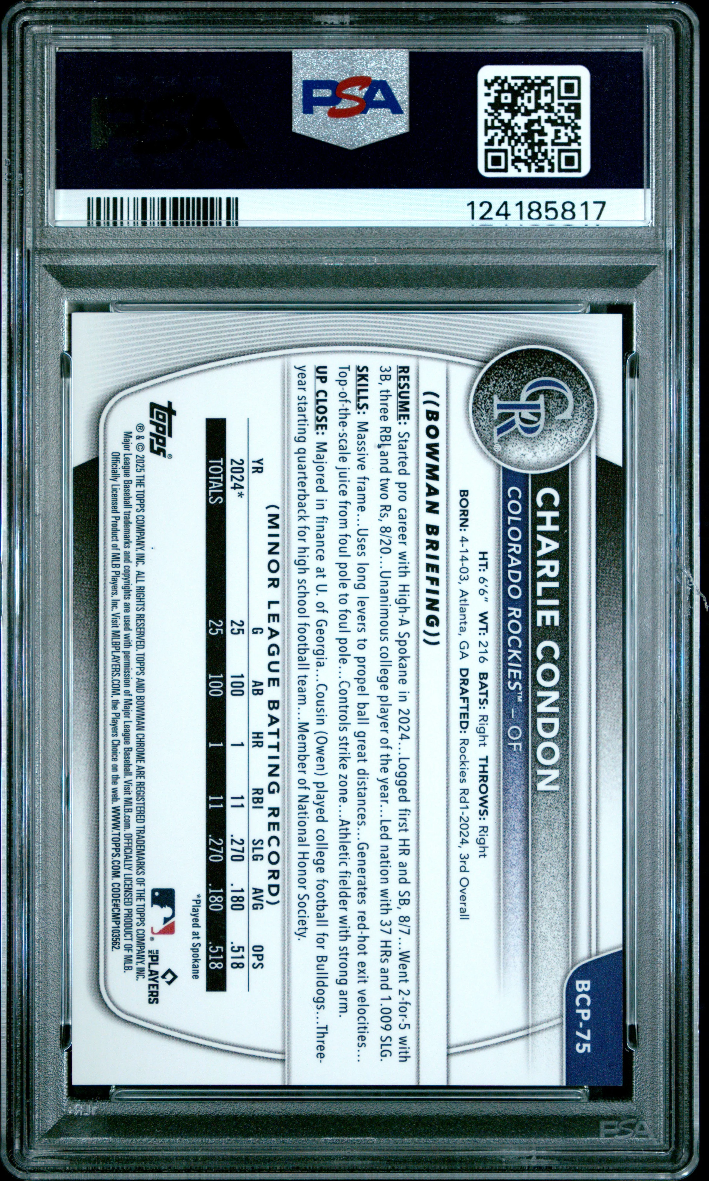 CHARLIE CONDON | 2025 BOWMAN MEGA BOX CHROME PROSPECTS 75 | PROSPECTS-ORANGE REF | PSA GEM MT 10 - Image 2