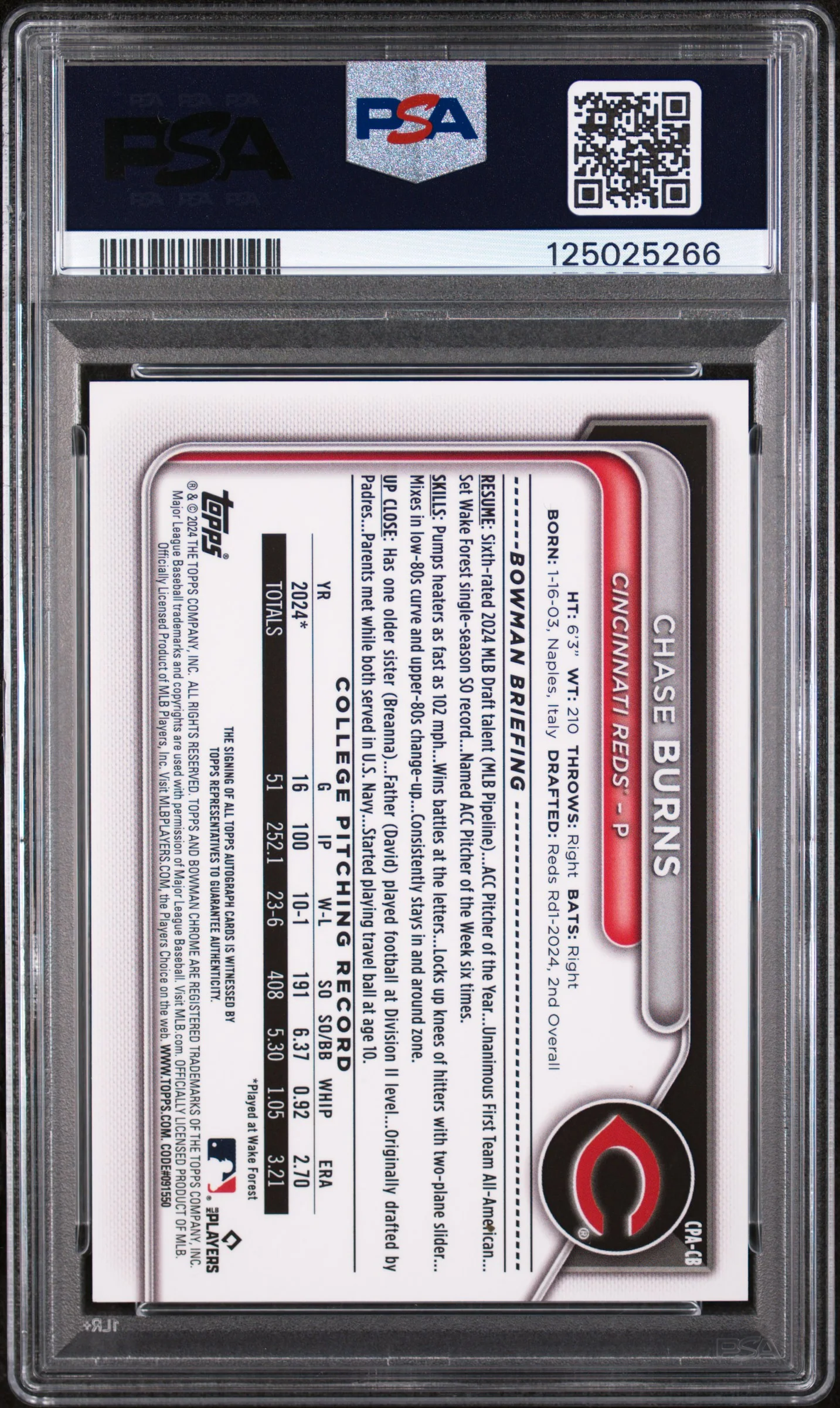 CHASE BURNS | 2024 BOWMAN DRAFT CHROME PROSPECT AUTOGRAPHS CPACB | PSA GEM MT 10 - Image 2