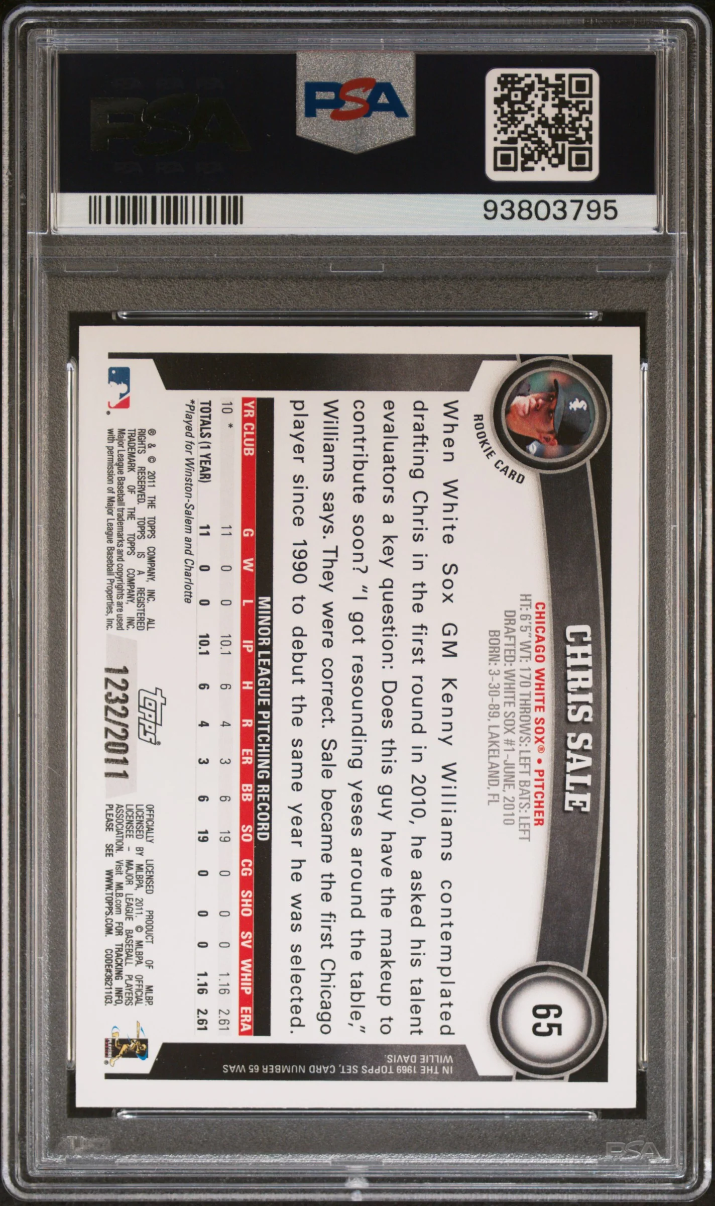 CHRIS SALE | 2011 TOPPS 65 | GOLD | PSA MINT 9 - Image 2
