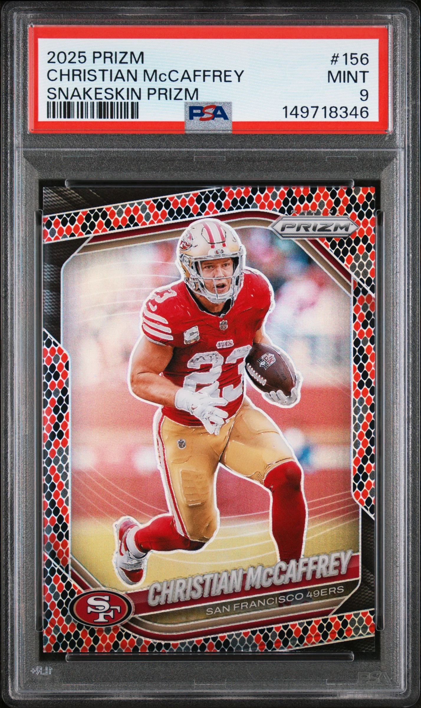 CHRISTIAN McCAFFREY | 2025 PANINI PRIZM 156 | SNAKESKIN PRIZM | PSA MINT 9