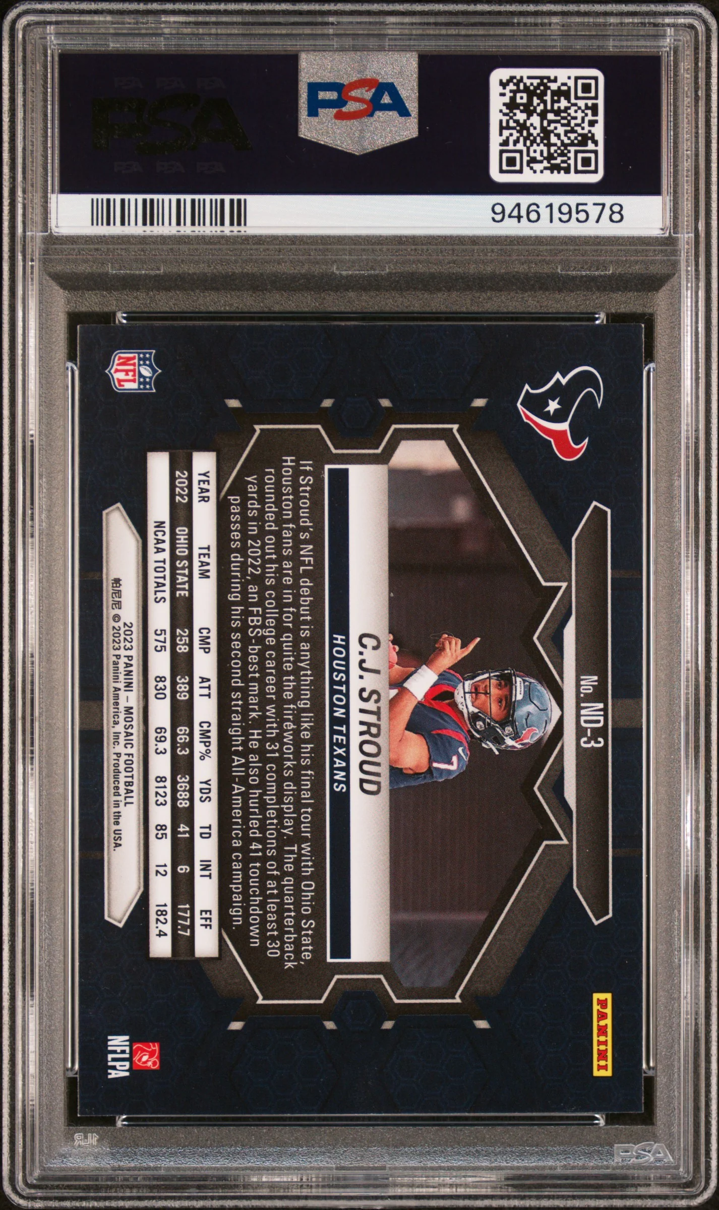 CJ STROUD | 2023 PANINI MOSAIC NFL DEBUT ND3 | PSA MINT 9 - Image 2