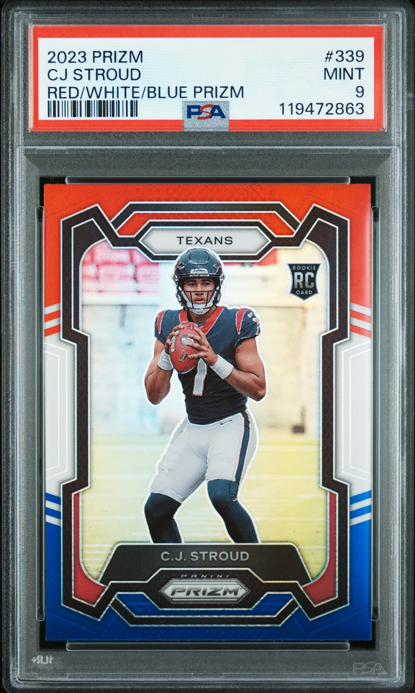 CJ STROUD | 2023 PANINI PRIZM 339 | RED/WHITE/BLUE PRIZM | PSA MINT 9
