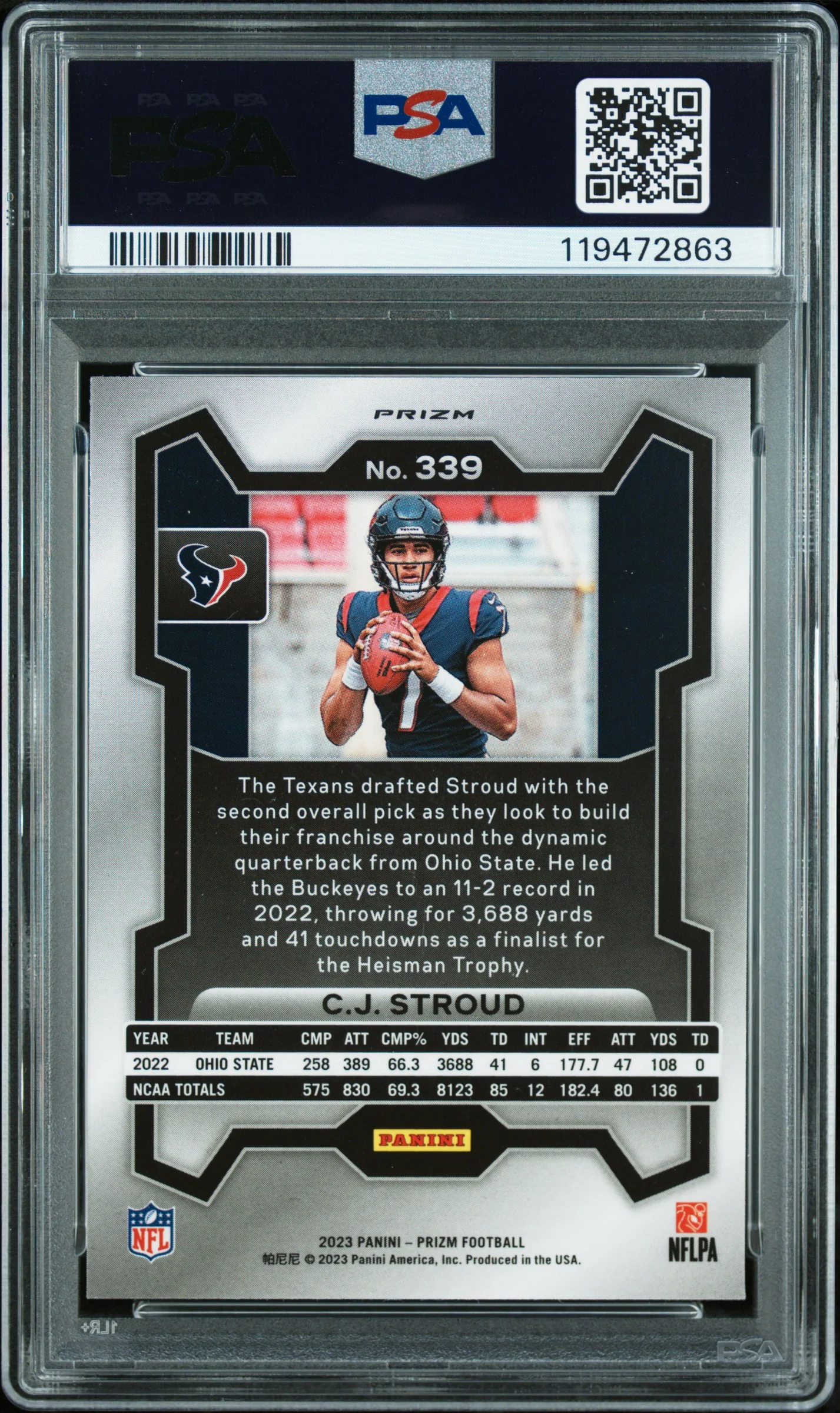 CJ STROUD | 2023 PANINI PRIZM 339 | RED/WHITE/BLUE PRIZM | PSA MINT 9 - Image 2