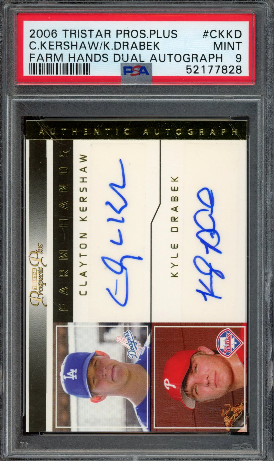 C.KERSHAW/K.DRABEK | 2006 TRISTAR PROSPECTS PLUS FARM HANDS DUAL AUTOGRAPH | PSA MINT 9