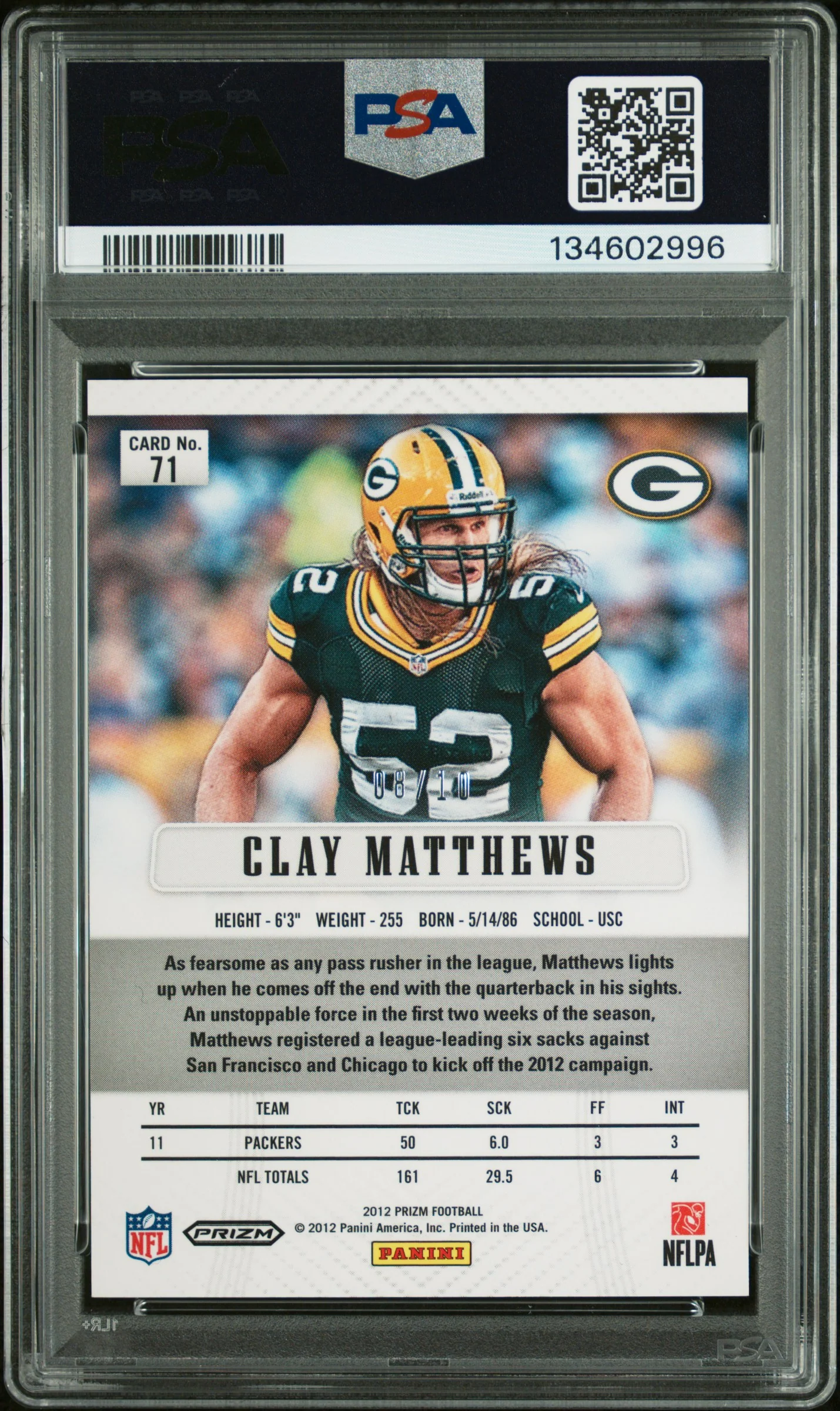 CLAY MATTHEWS | 2012 PANINI PRIZM 71 | GOLD PRIZM | PSA GEM MT 10 - Image 2