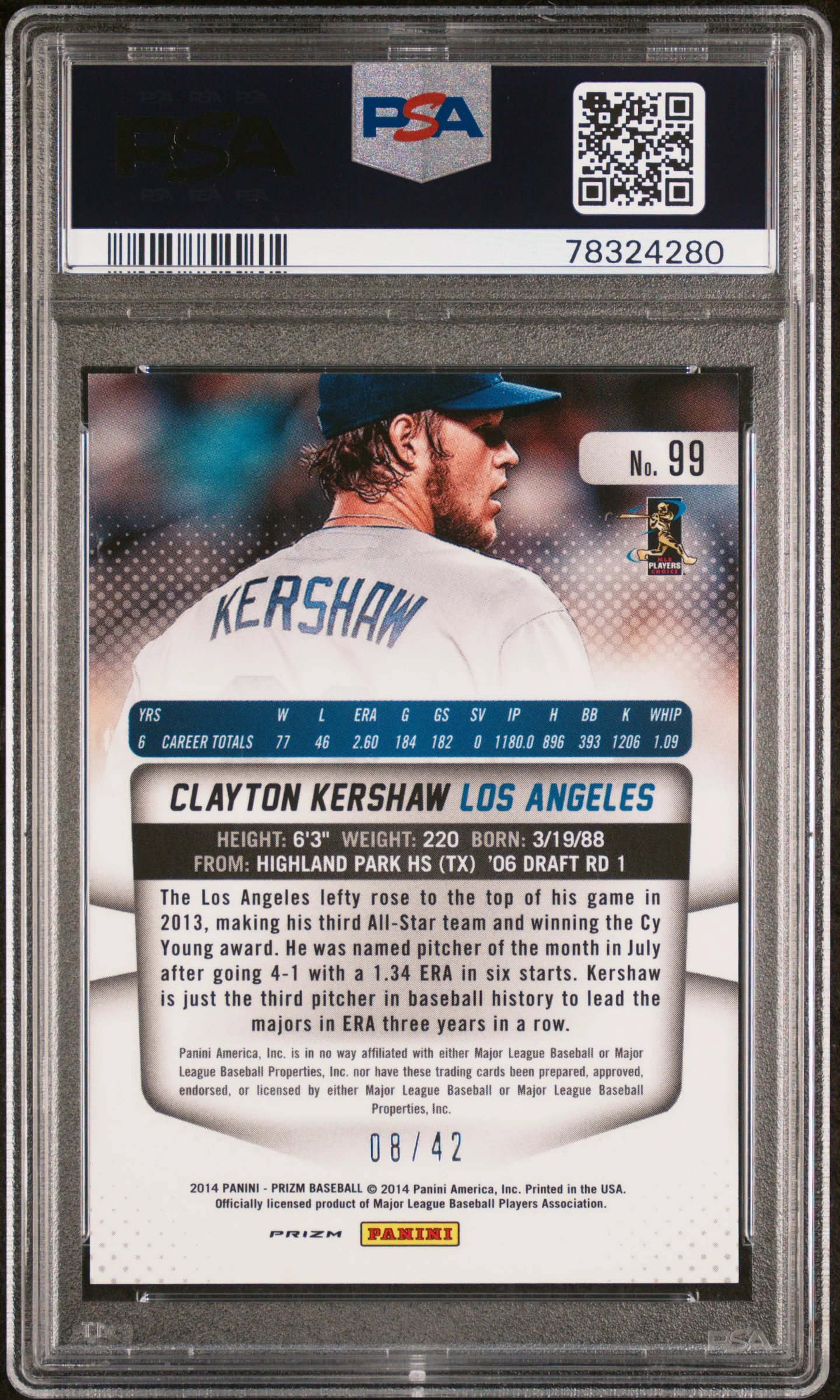 CLAYTON KERSHAW | 2014 PANINI PRIZM 99 | 42 PRIZM | PSA GEM MT 10 - Image 2