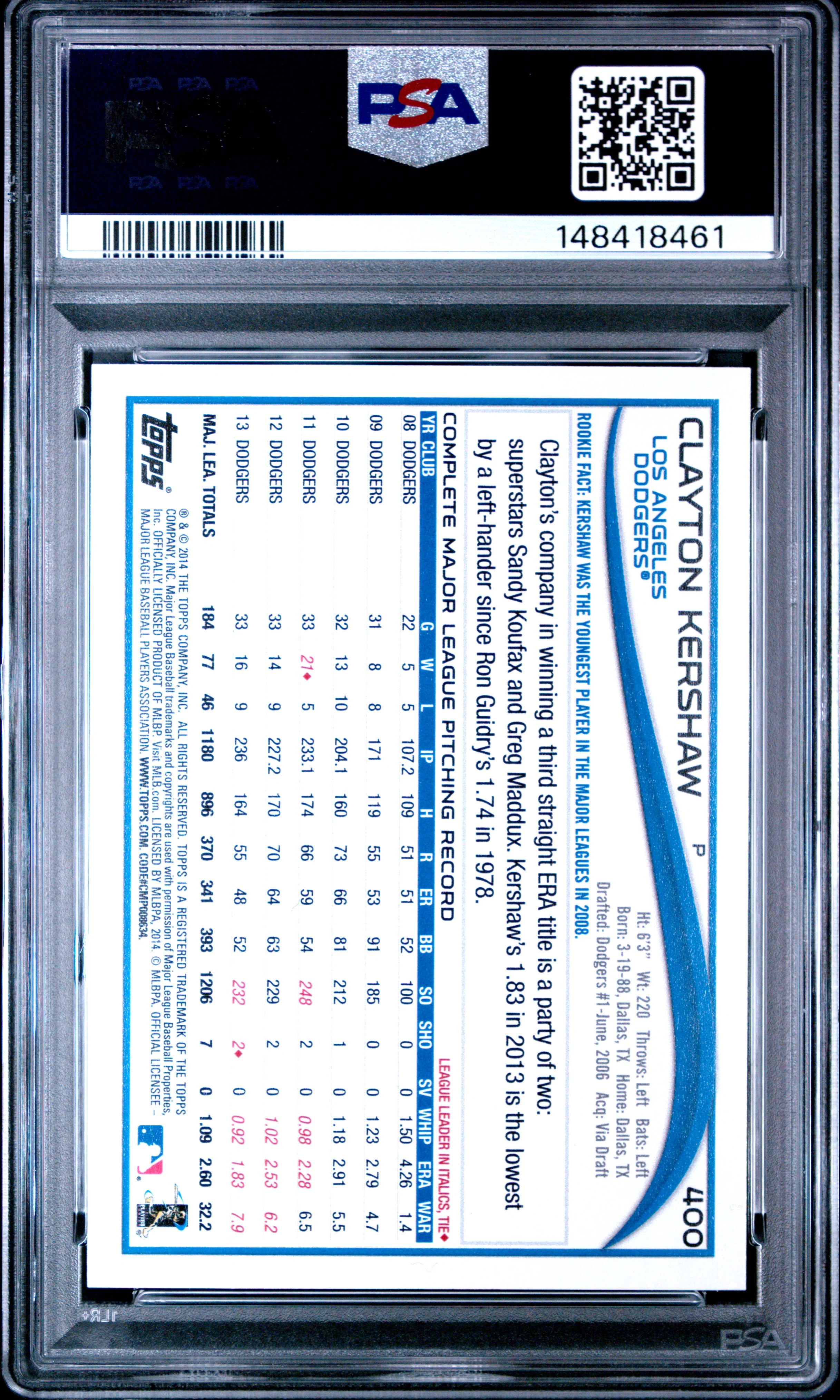 CLAYTON KERSHAW | 2014 TOPPS 400 | NO SPARKLE ON SHOULDER | PSA GEM MT 10 - Image 2