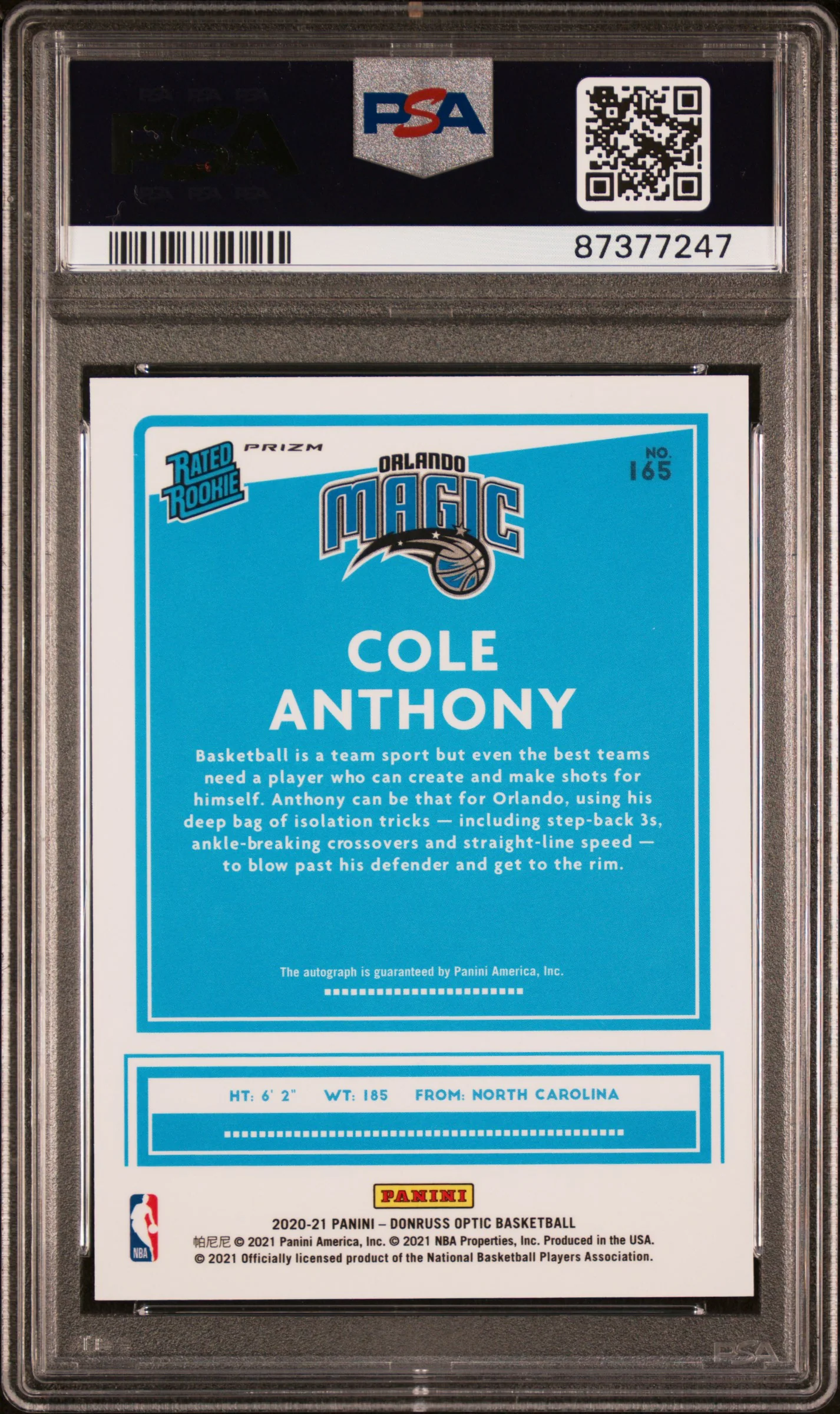 COLE ANTHONY | 2020 PANINI DONRUSS OPTIC 165 | AUTOGRAPH-HOLO | PSA MINT 9 - Image 2