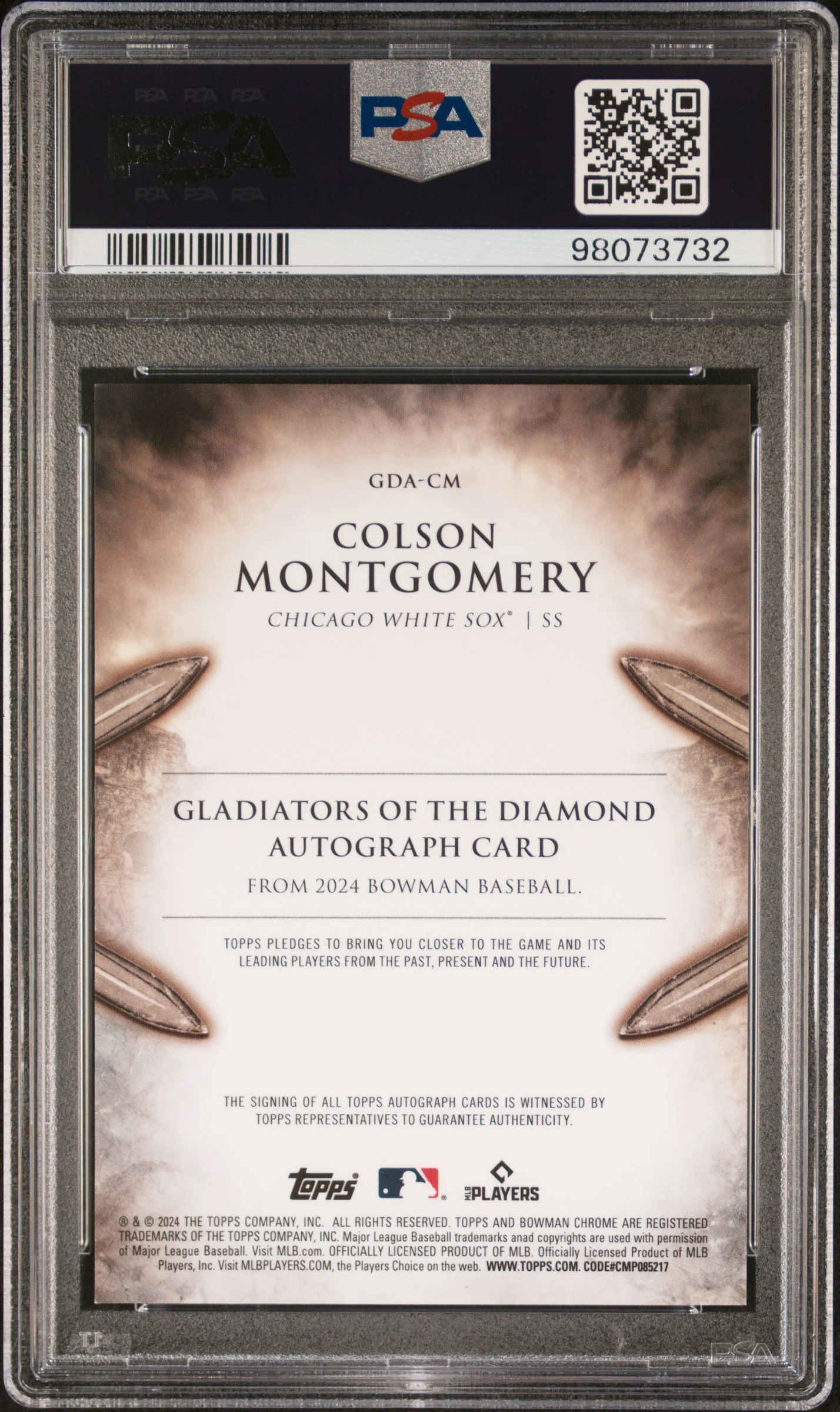 COLSON MONTGOMERY | 2024 BOWMAN CHROME GLADIATORS OF THE DIAMOND AUTOGRAPHS GDACM | GDA-GOLD MINI DIAMOND REF | PSA MINT 9 - Image 2