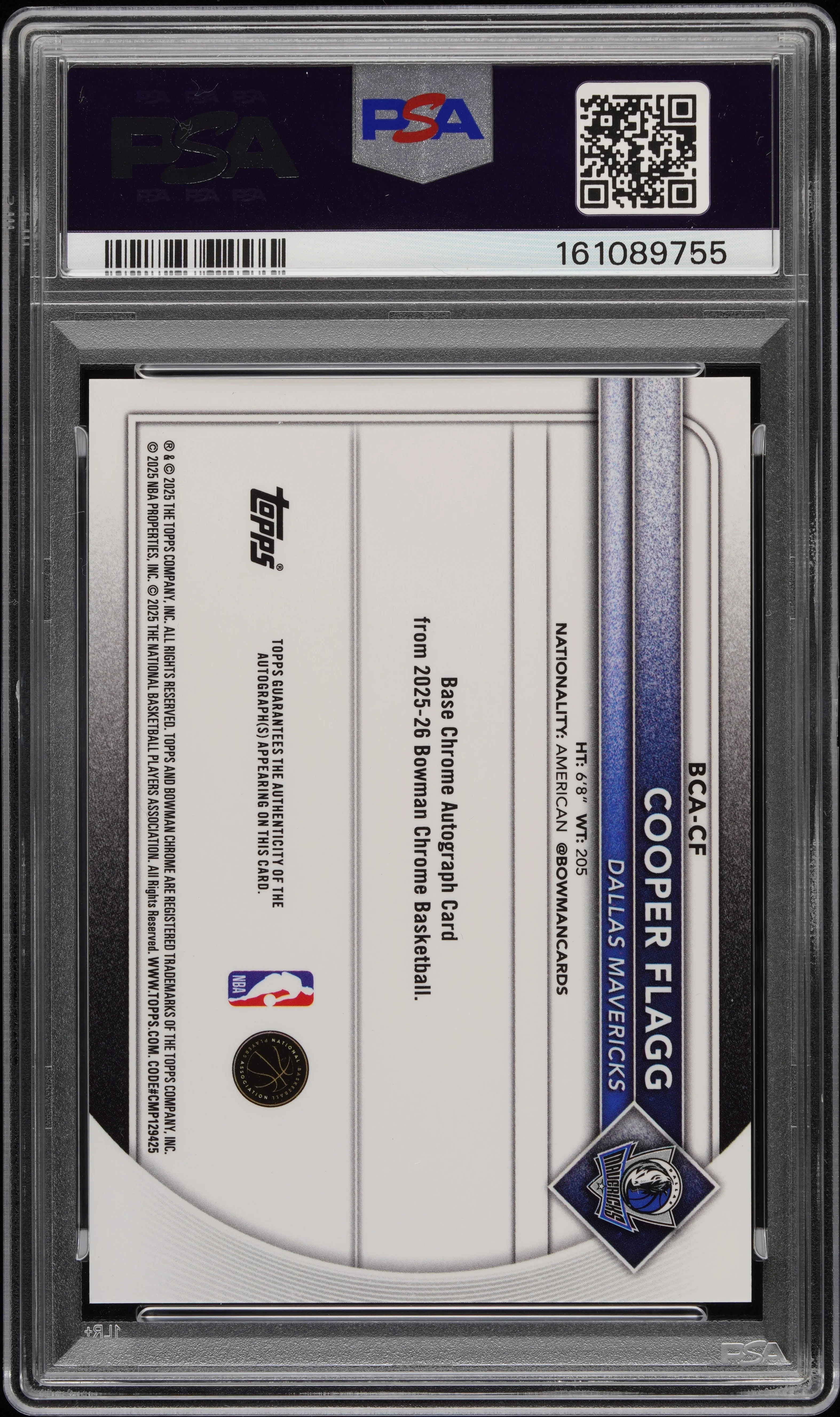 COOPER FLAGG | 2025 BOWMAN CHROME AUTOGRAPHS BCA-CF | CHROME AUTO-PURPLE REF | PSA MINT 9 - Image 2