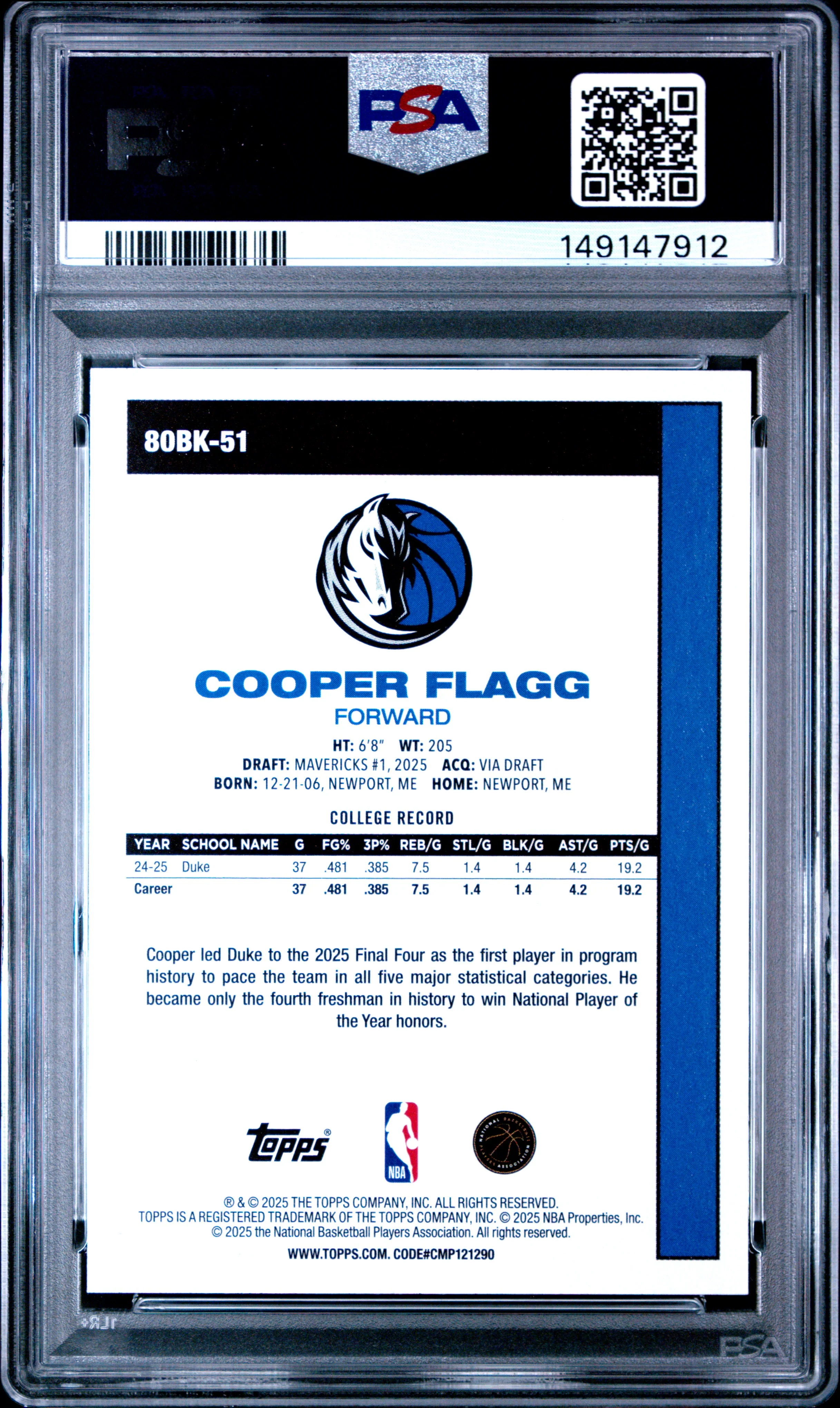 COOPER FLAGG | 2025 TOPPS 1980-81 TOPPS BASKETBALL 80BK-51 | PSA NM-MT 8 - Image 2