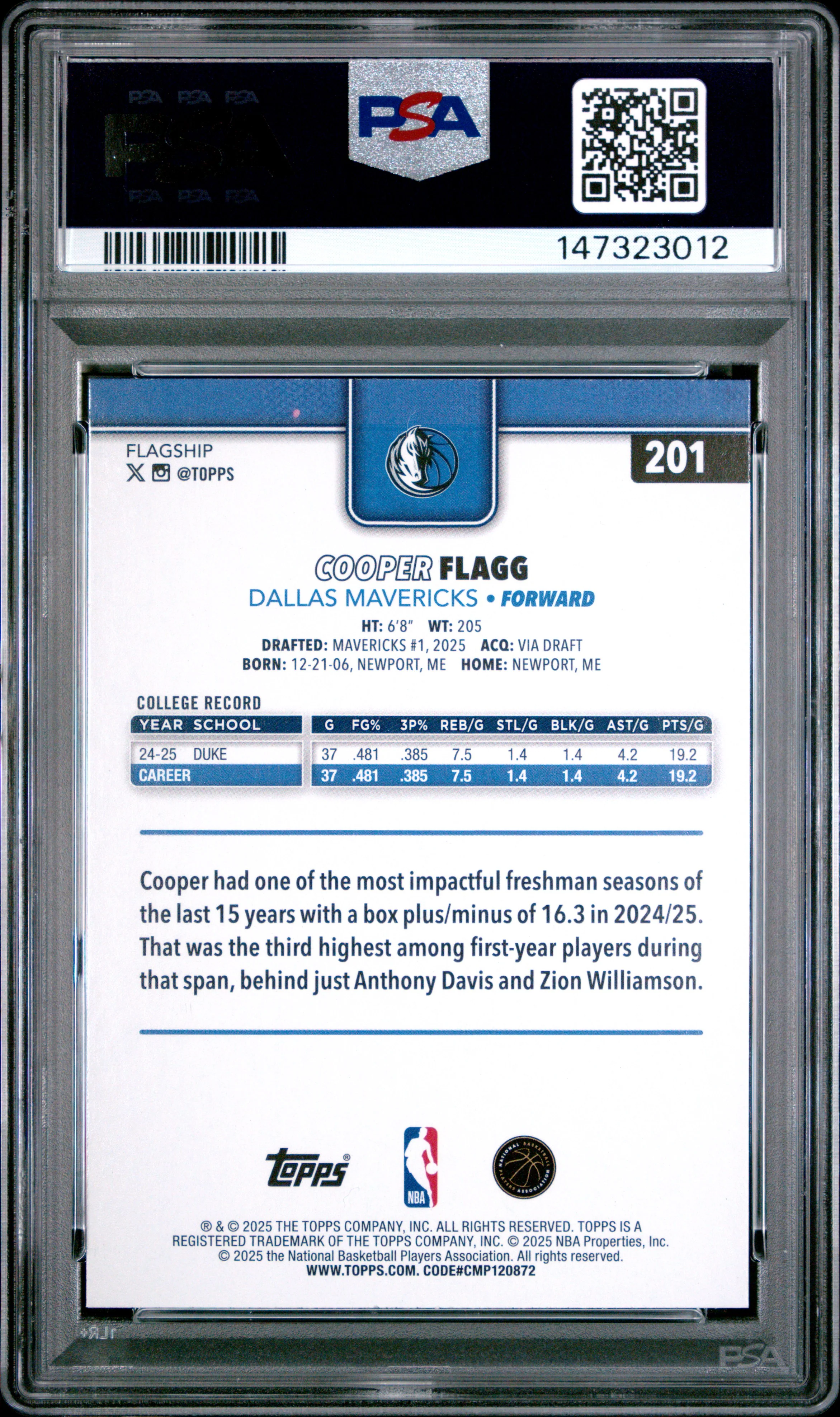 COOPER FLAGG | 2025 TOPPS 201 | HOLO FOIL | PSA MINT 9 - Image 2