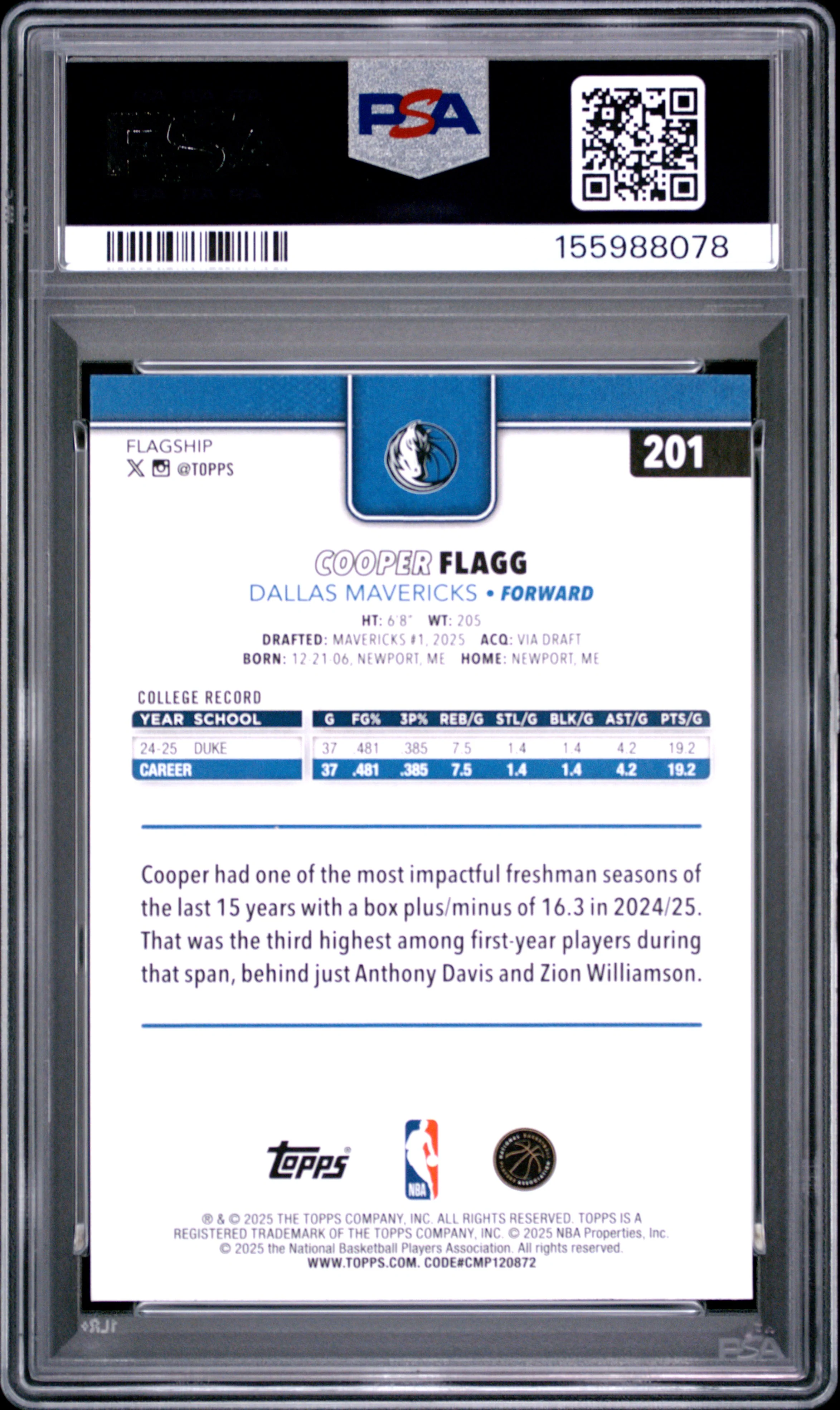 COOPER FLAGG | 2025 TOPPS 201 | PSA MINT 9 - Image 2