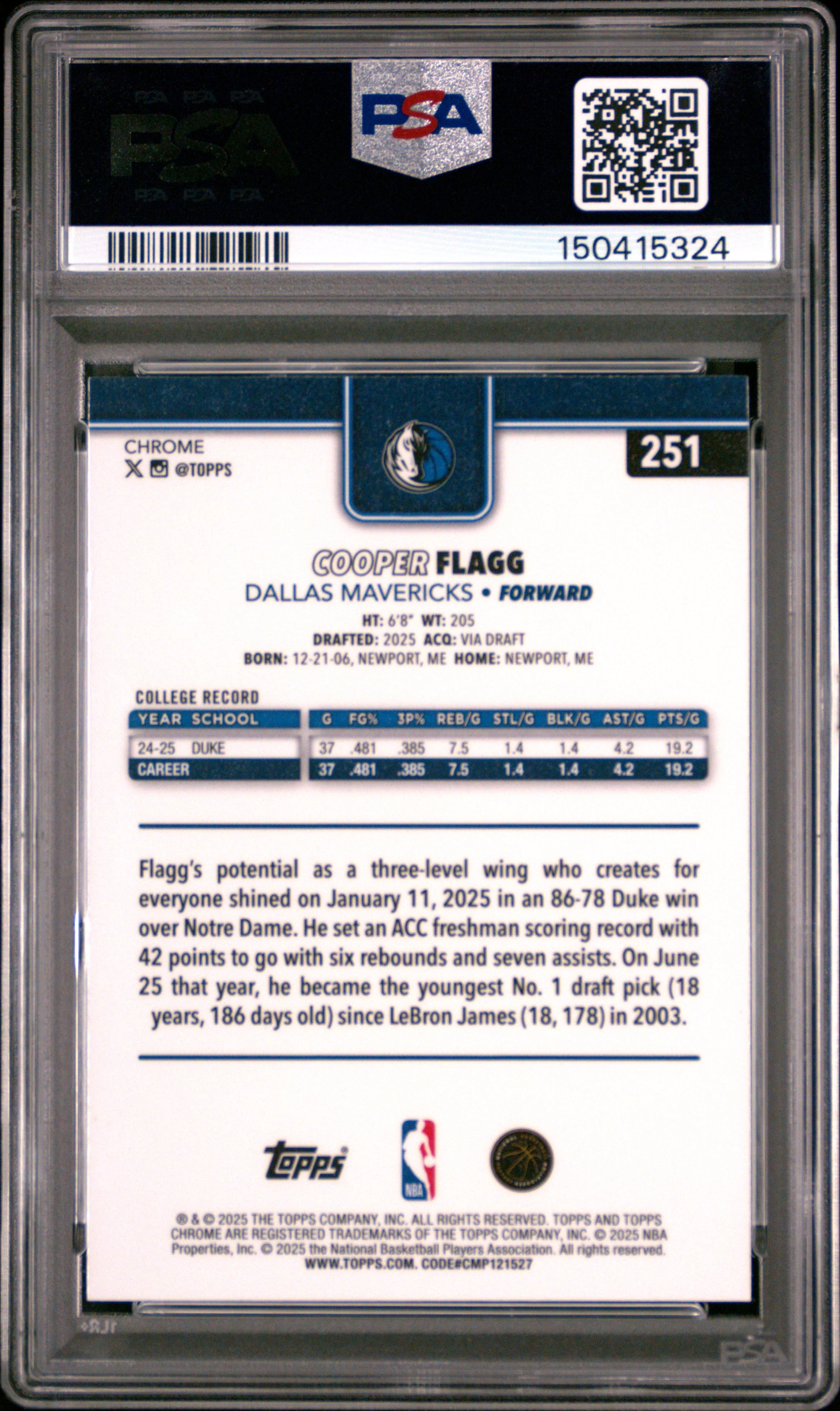 COOPER FLAGG | 2025 TOPPS CHROME 251 | PRISM REFRACTOR | PSA MINT 9 - Image 2