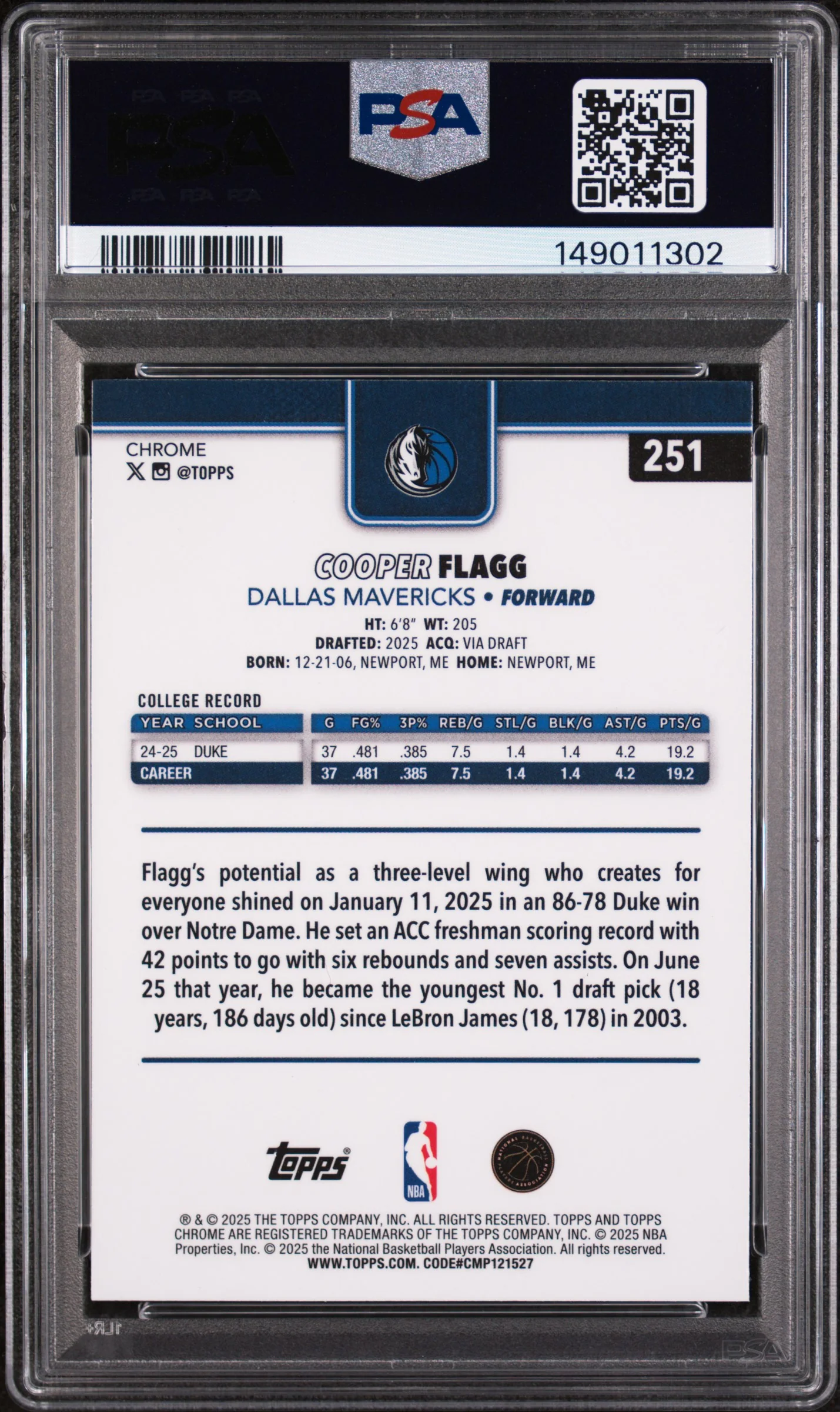 COOPER FLAGG | 2025 TOPPS CHROME 251 | PSA GEM MT 10 - Image 2