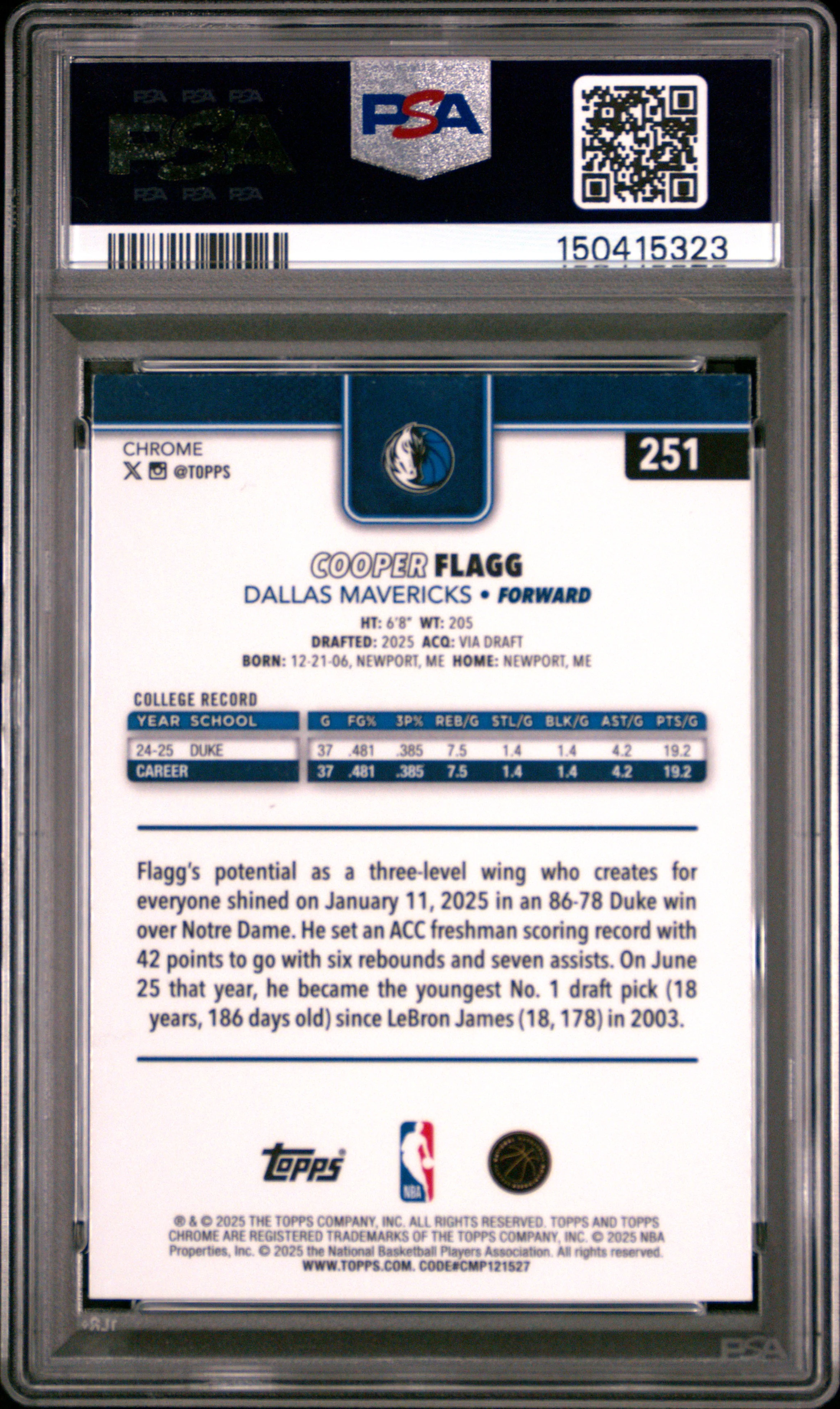 COOPER FLAGG | 2025 TOPPS CHROME 251 | PSA GEM MT 10 - Image 2