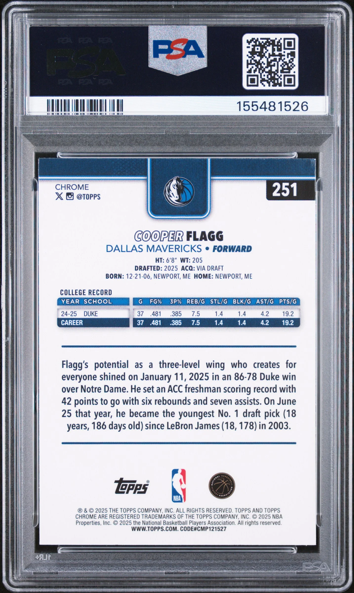COOPER FLAGG | 2025 TOPPS CHROME 251 | PSA MINT 9 - Image 2