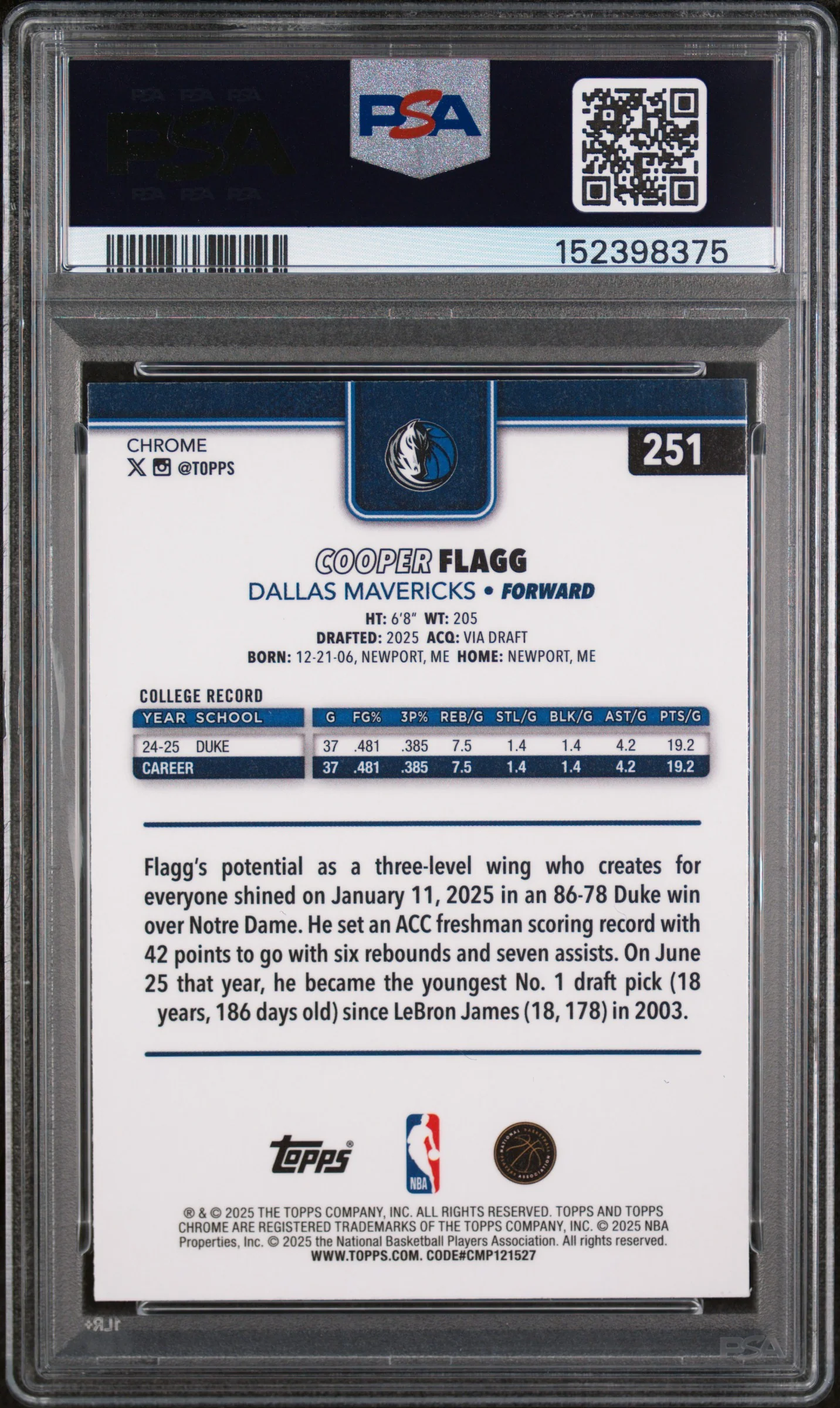 COOPER FLAGG | 2025 TOPPS CHROME 251 | RAYWAVE | PSA MINT 9 - Image 2