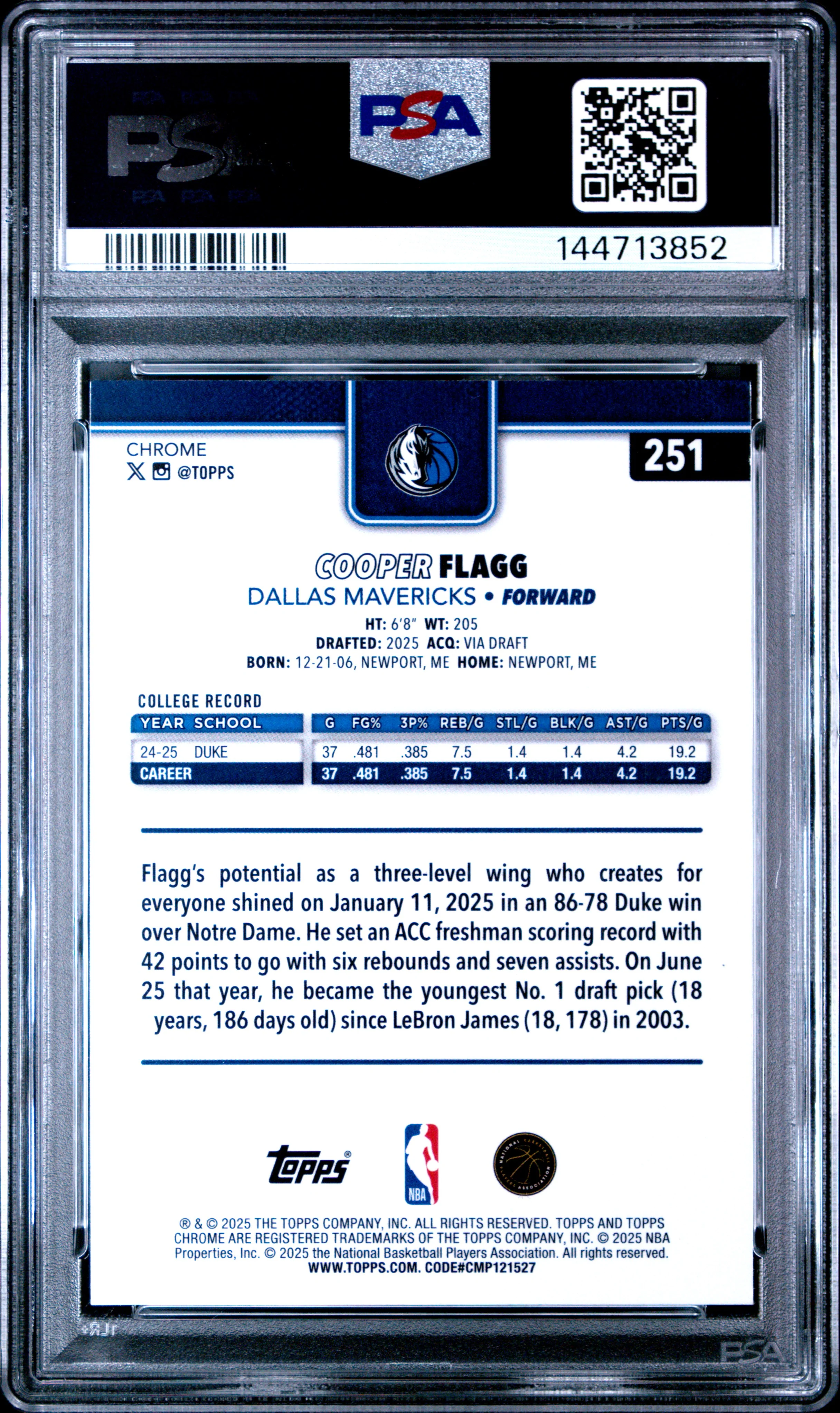 COOPER FLAGG | 2025 TOPPS CHROME 251 | X-FRACTOR | PSA GEM MT 10 - Image 2