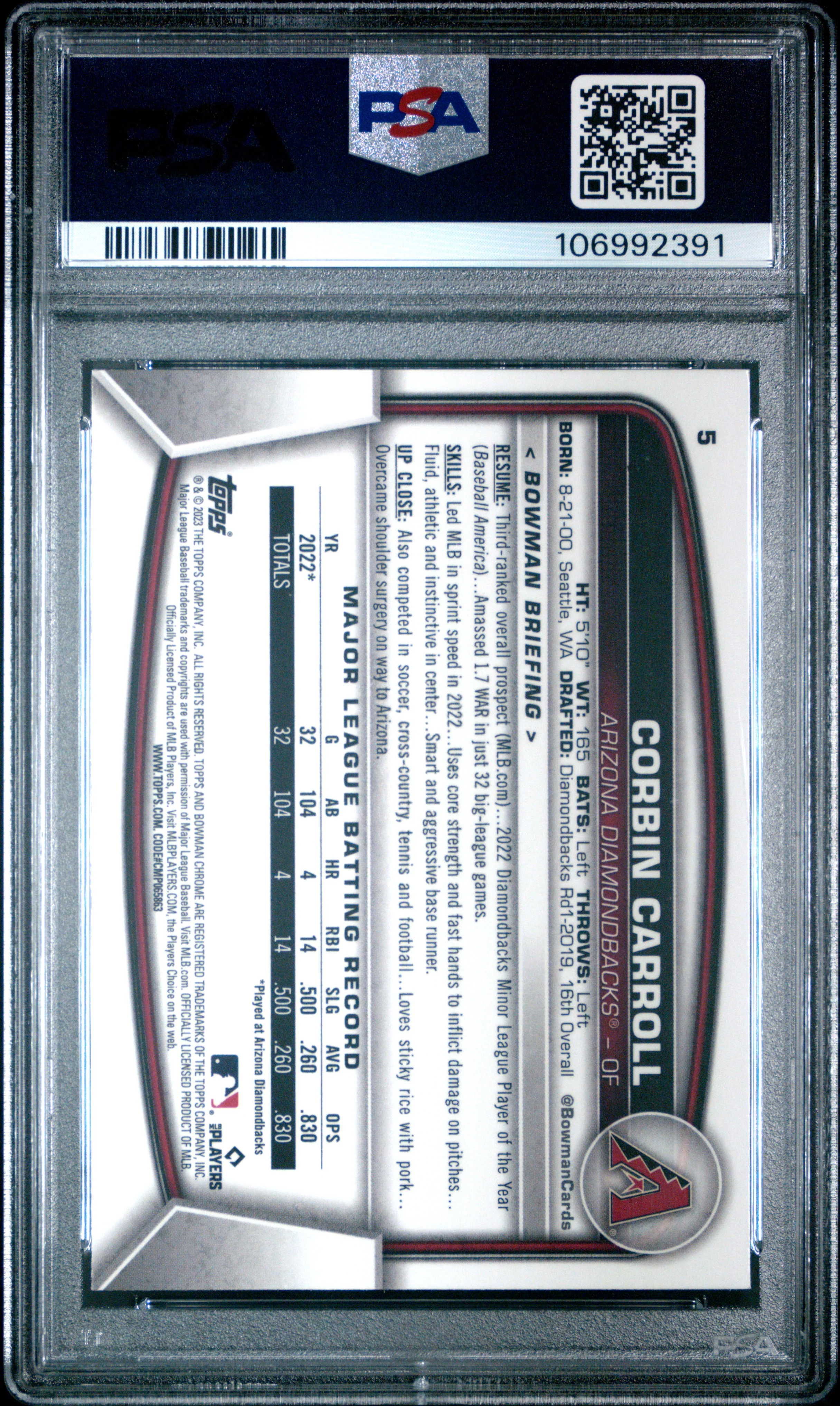 CORBIN CARROLL | 2023 BOWMAN CHROME 5 | PSA MINT 9 - Image 2