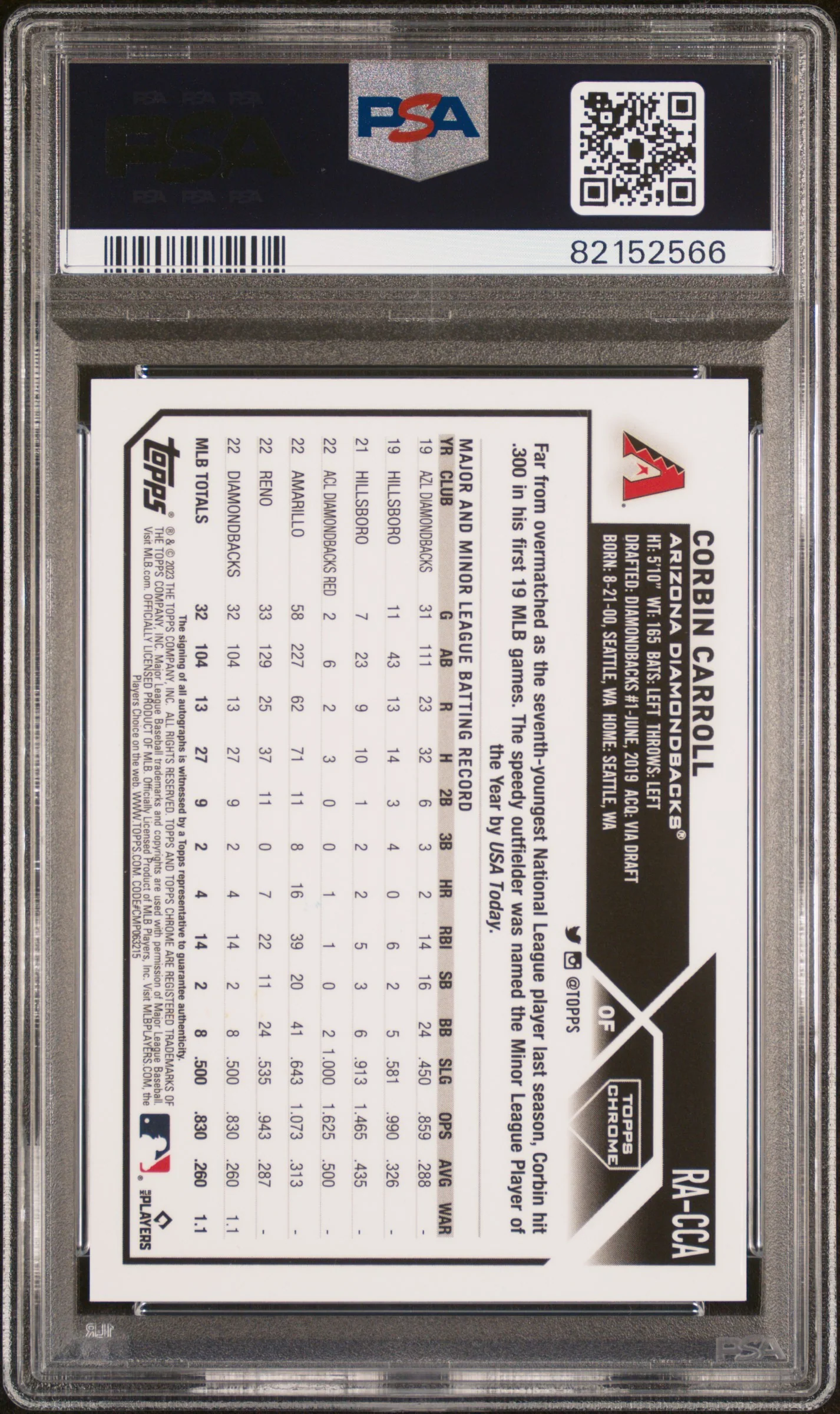 CORBIN CARROLL | 2023 TOPPS CHROME ROOKIE AUTOGRAPH RACCA | ROOKIE AUTOGRAPH-PURPLE REF | PSA MINT 9 - Image 2