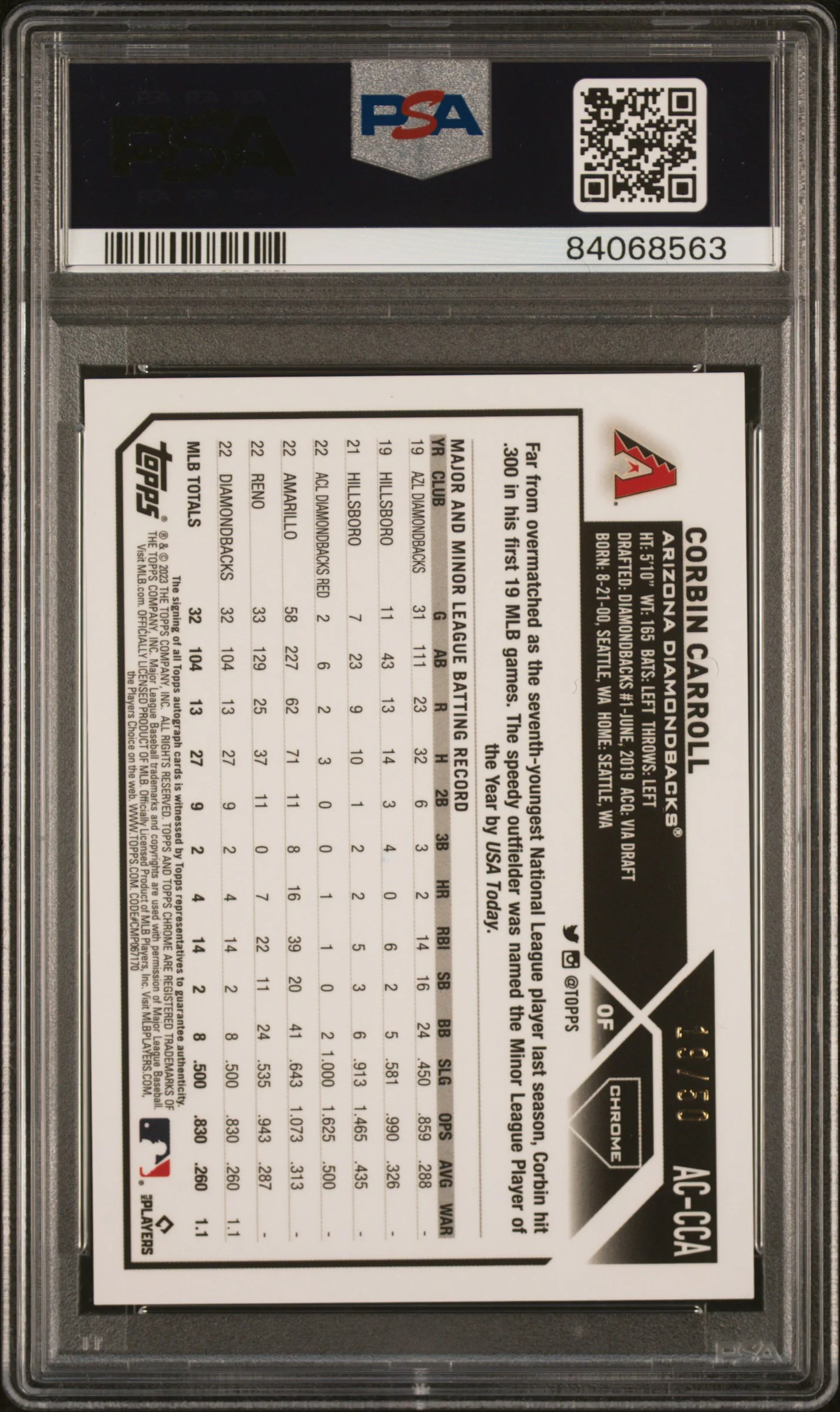 CORBIN CARROLL | 2023 TOPPS CHROME UPDATE AUTOGRAPH ACCCA | AUTOGRAPH-GOLD REFRACTOR | PSA GEM MT 10 - Image 2