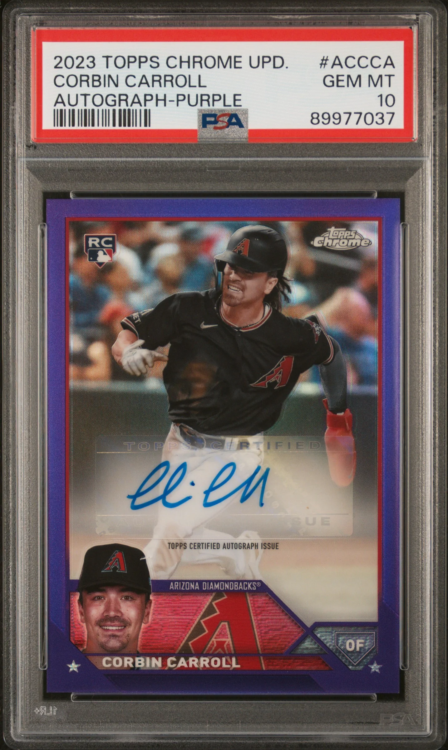 CORBIN CARROLL | 2023 TOPPS CHROME UPDATE AUTOGRAPH ACCCA | AUTO-PURPLE REFRACTOR | PSA GEM MT 10