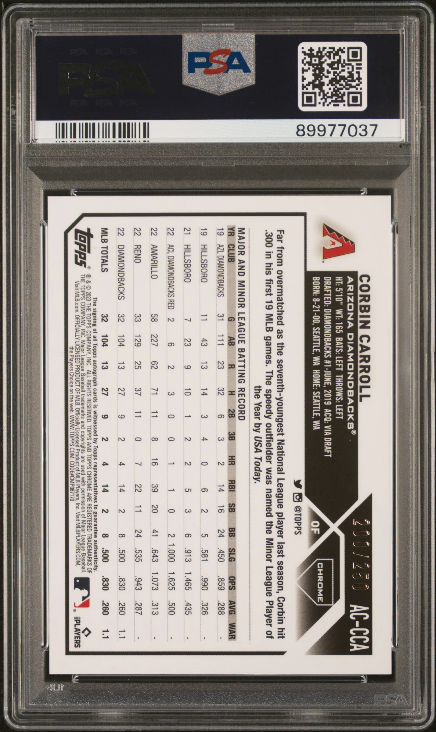 CORBIN CARROLL | 2023 TOPPS CHROME UPDATE AUTOGRAPH ACCCA | AUTO-PURPLE REFRACTOR | PSA GEM MT 10 - Image 2