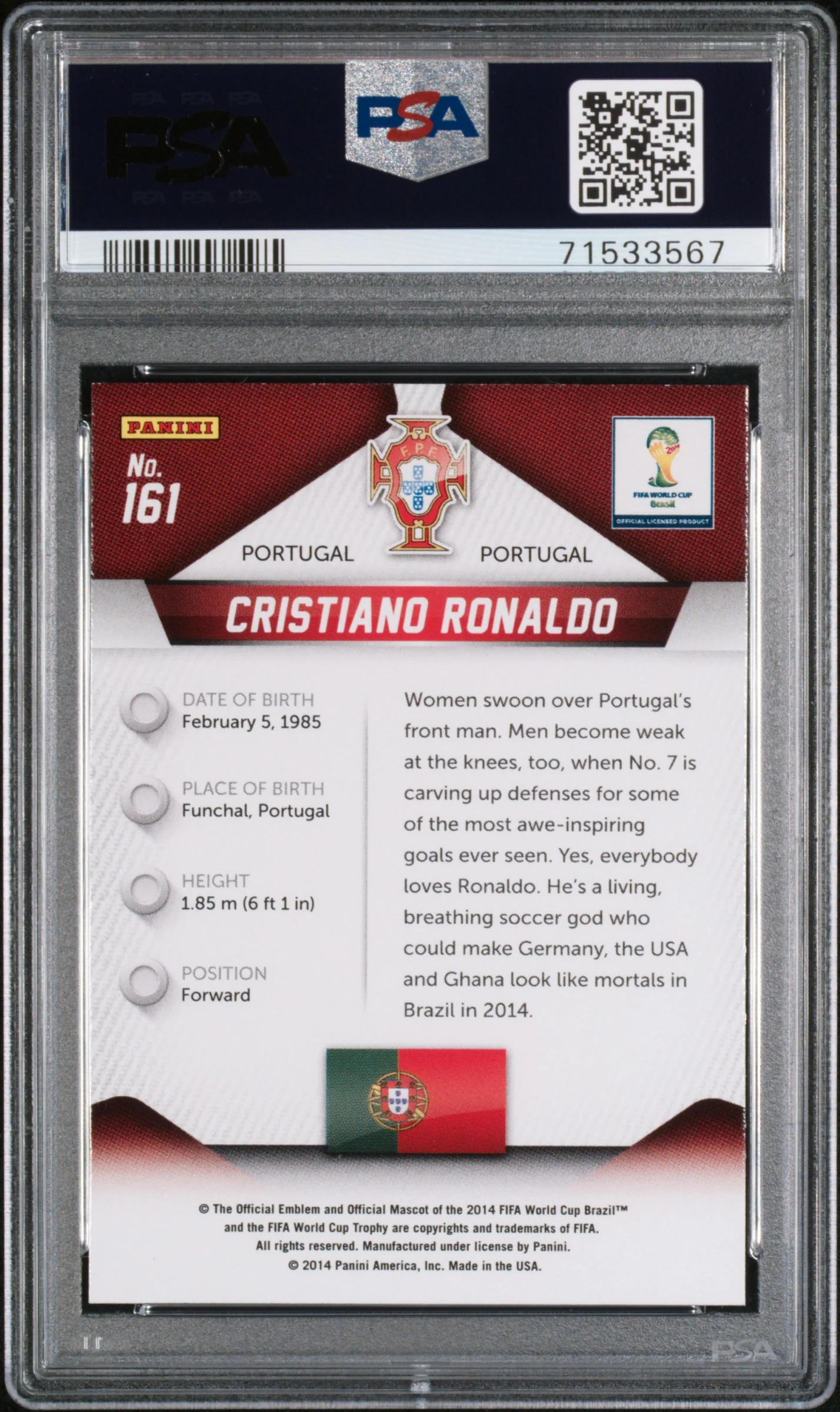 CRISTIANO RONALDO | 2014 PANINI PRIZM WORLD CUP 161 | PSA MINT 9 - Image 2