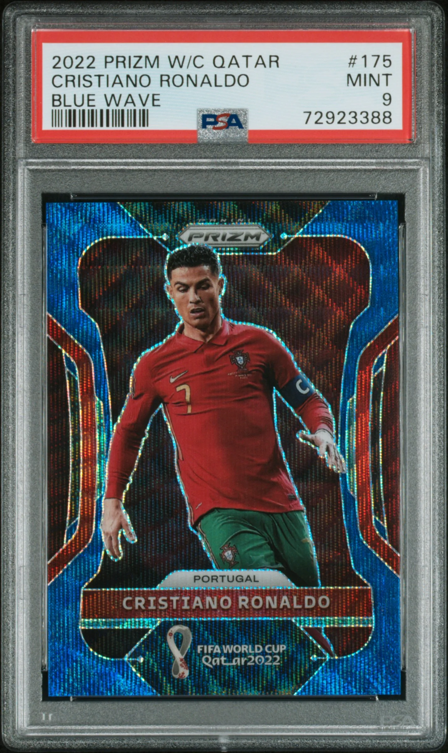 CRISTIANO RONALDO | 2022 PANINI PRIZM WORLD CUP QATAR 175 | BLUE WAVE | PSA MINT 9